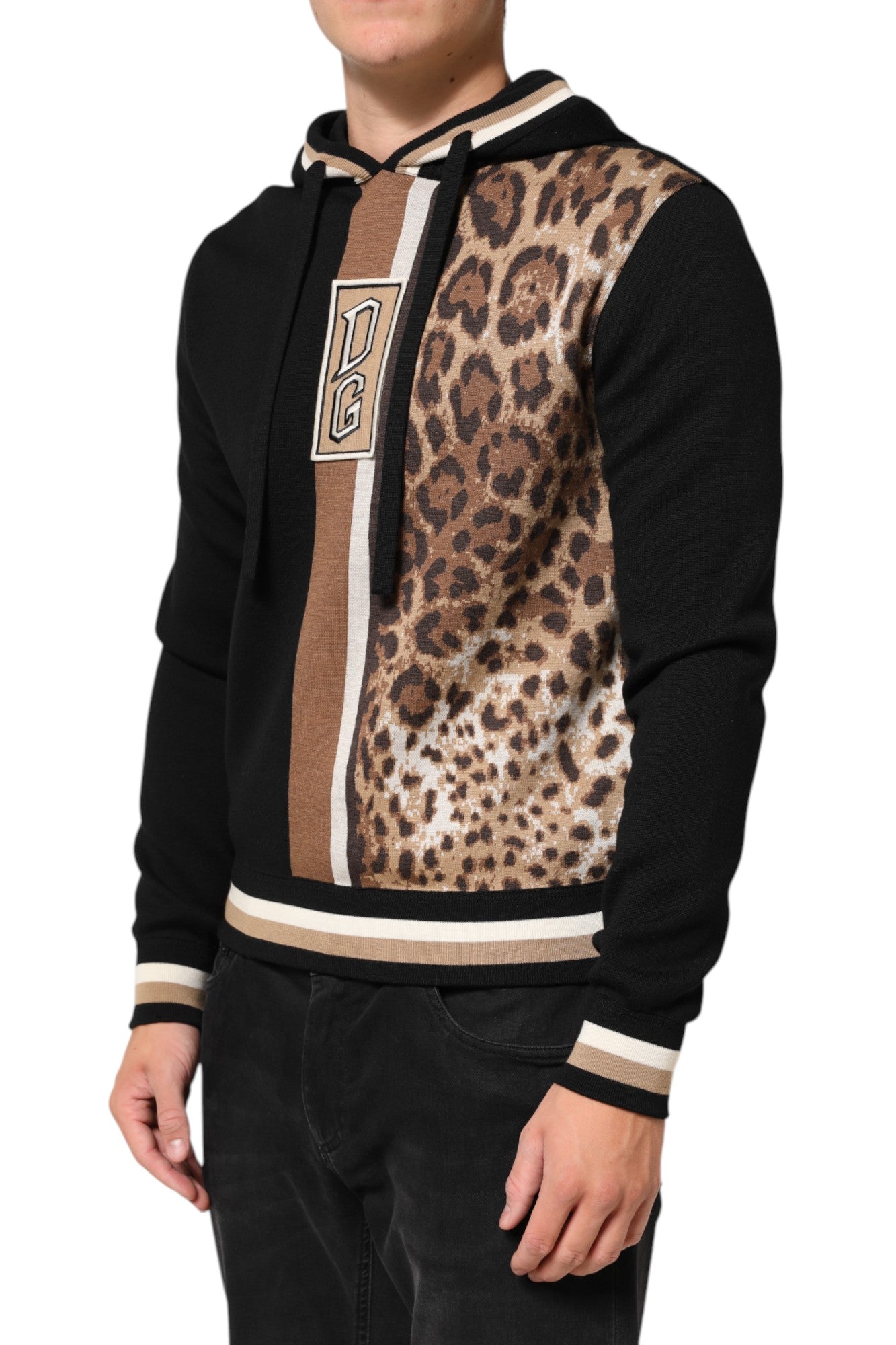Dolce & Gabbana Black Leopard Logo Hooded Sweatshirt Sweater