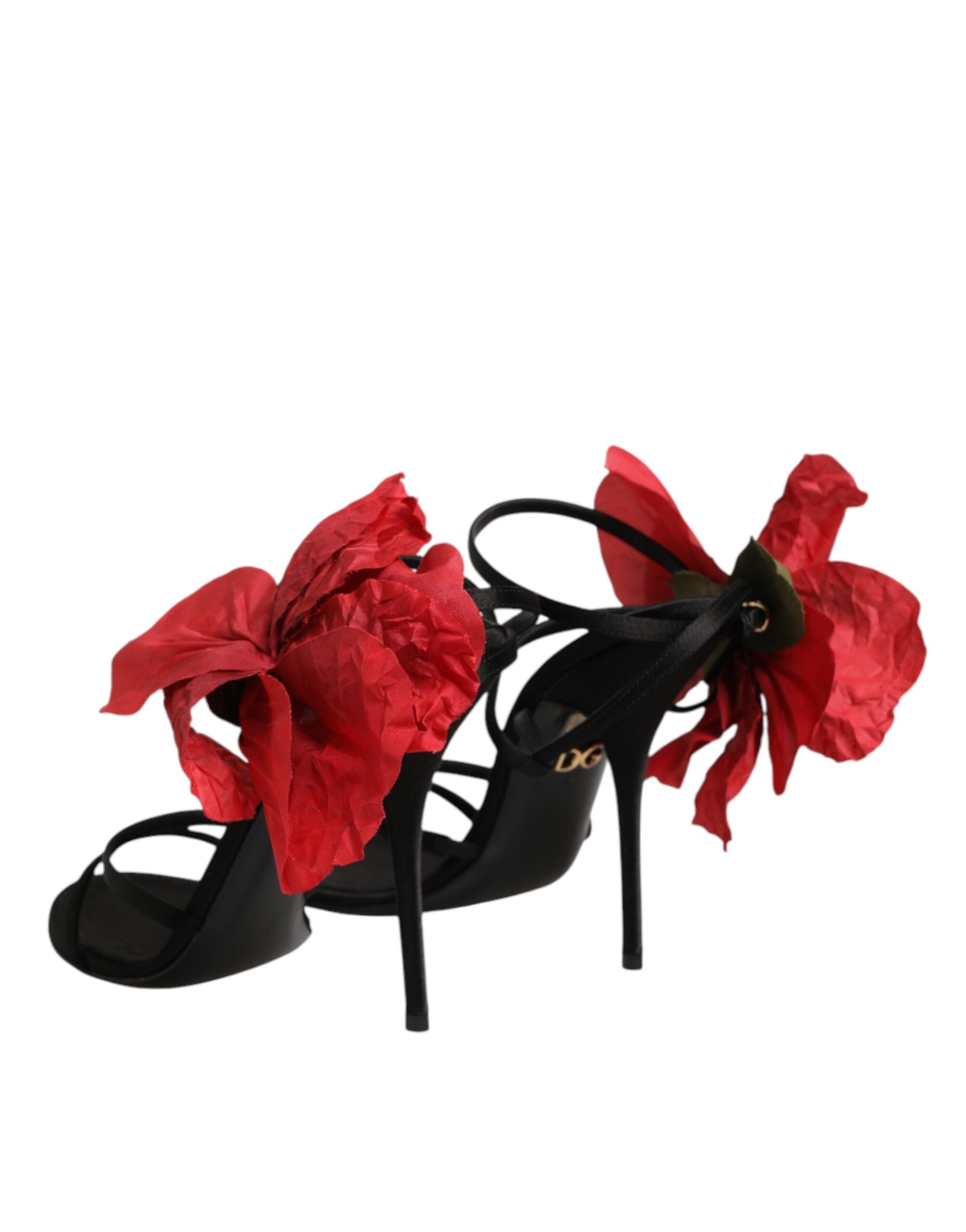 Dolce & Gabbana Escarpins Sandales à Brides et Fleurs en Cuir Noir