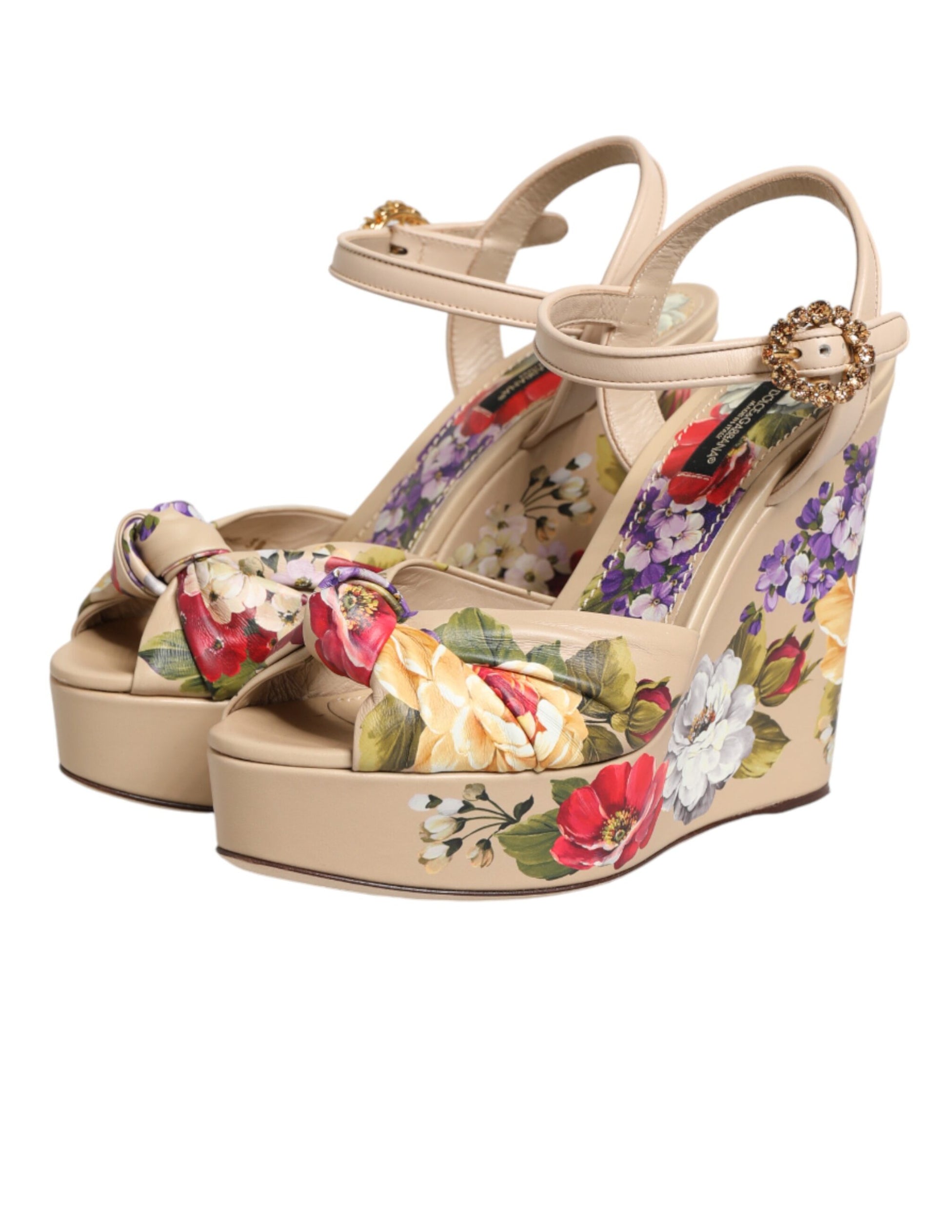 Chaussures Dolce & Gabbana compensées beiges à bride cheville motif floral