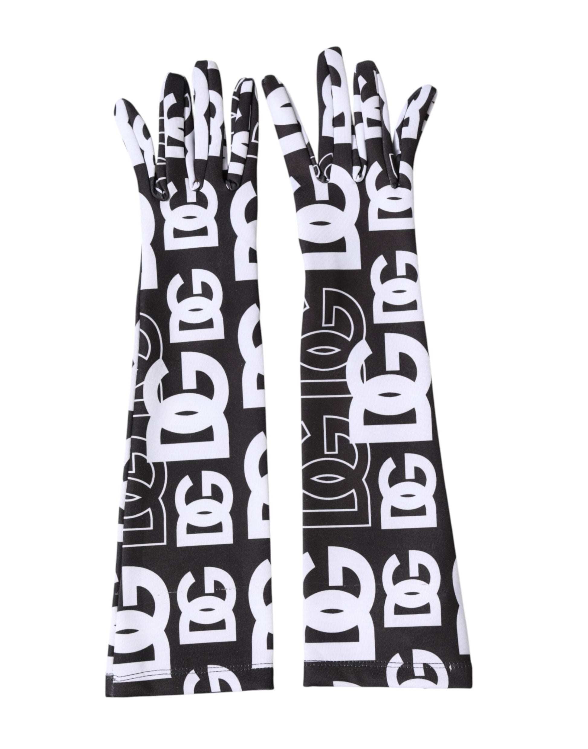 Gants mitaines Dolce & Gabbana noirs et blancs avec logo DG, longueur coude