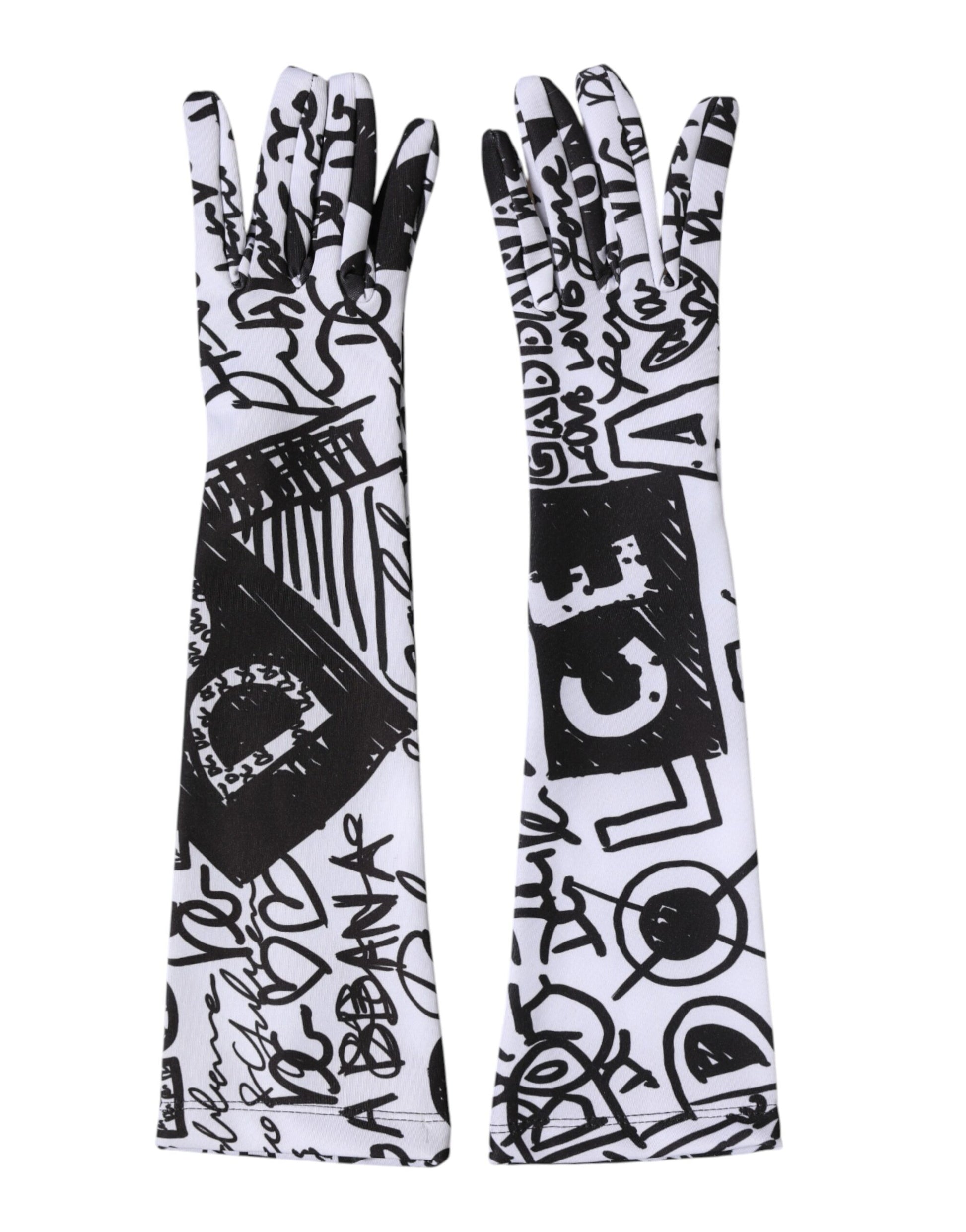 Dolce & Gabbana Gloves Black White DG Logo Elbow Length Mitten