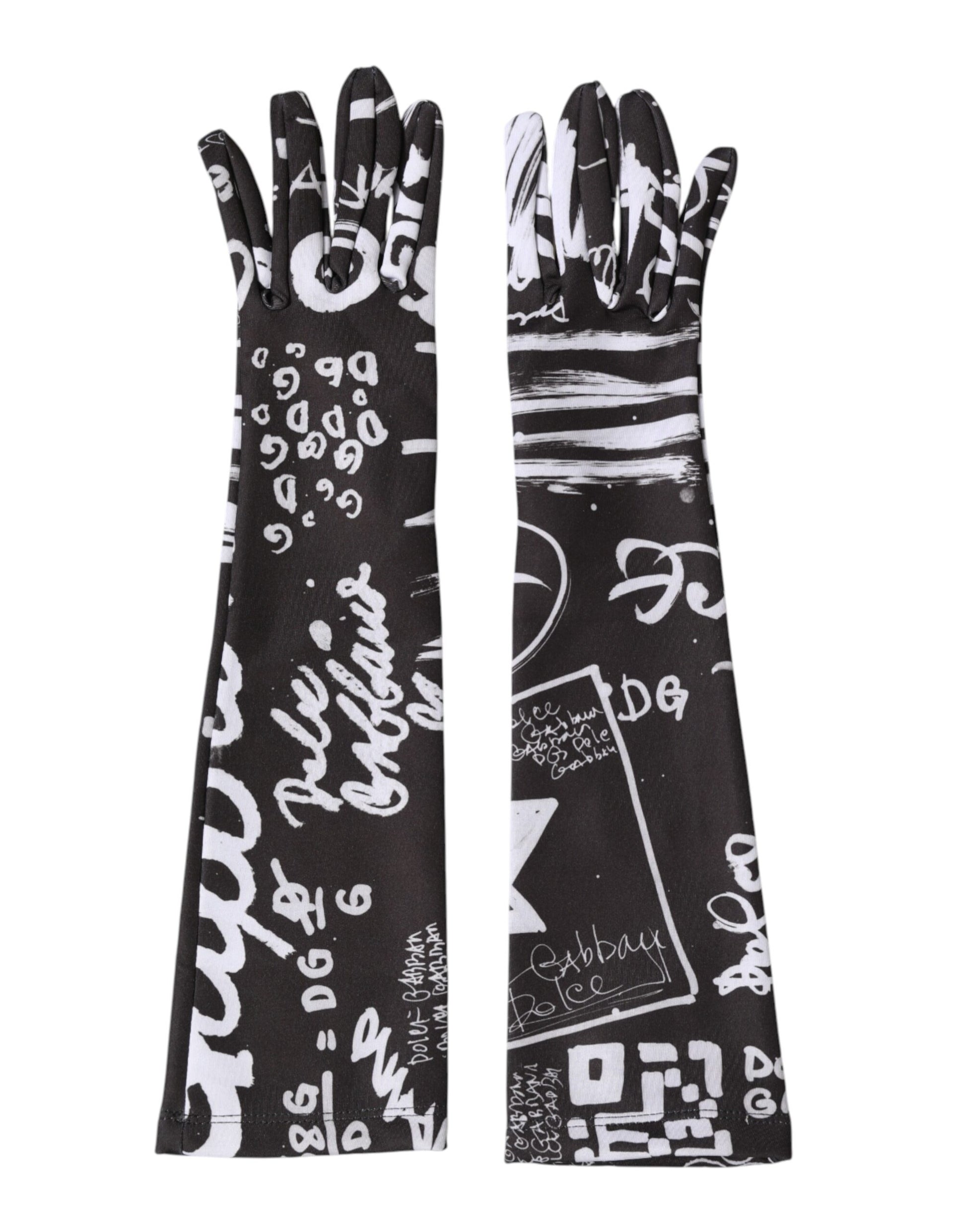Gants mitaines Dolce & Gabbana noirs et blancs avec logo DG, longueur coude