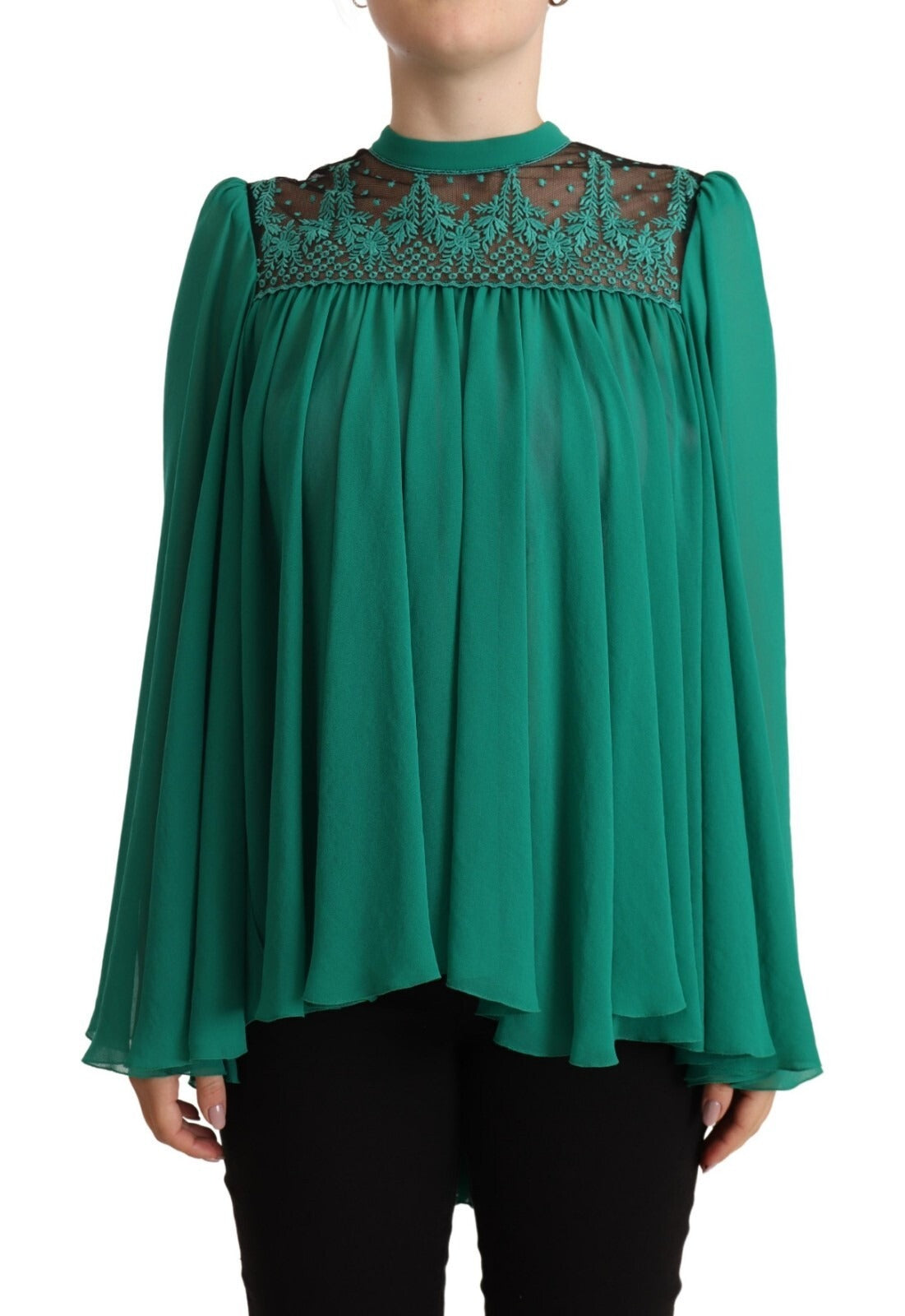 Philosophy Green Lace Polyester Long Sleeves Pleated Top Blouse