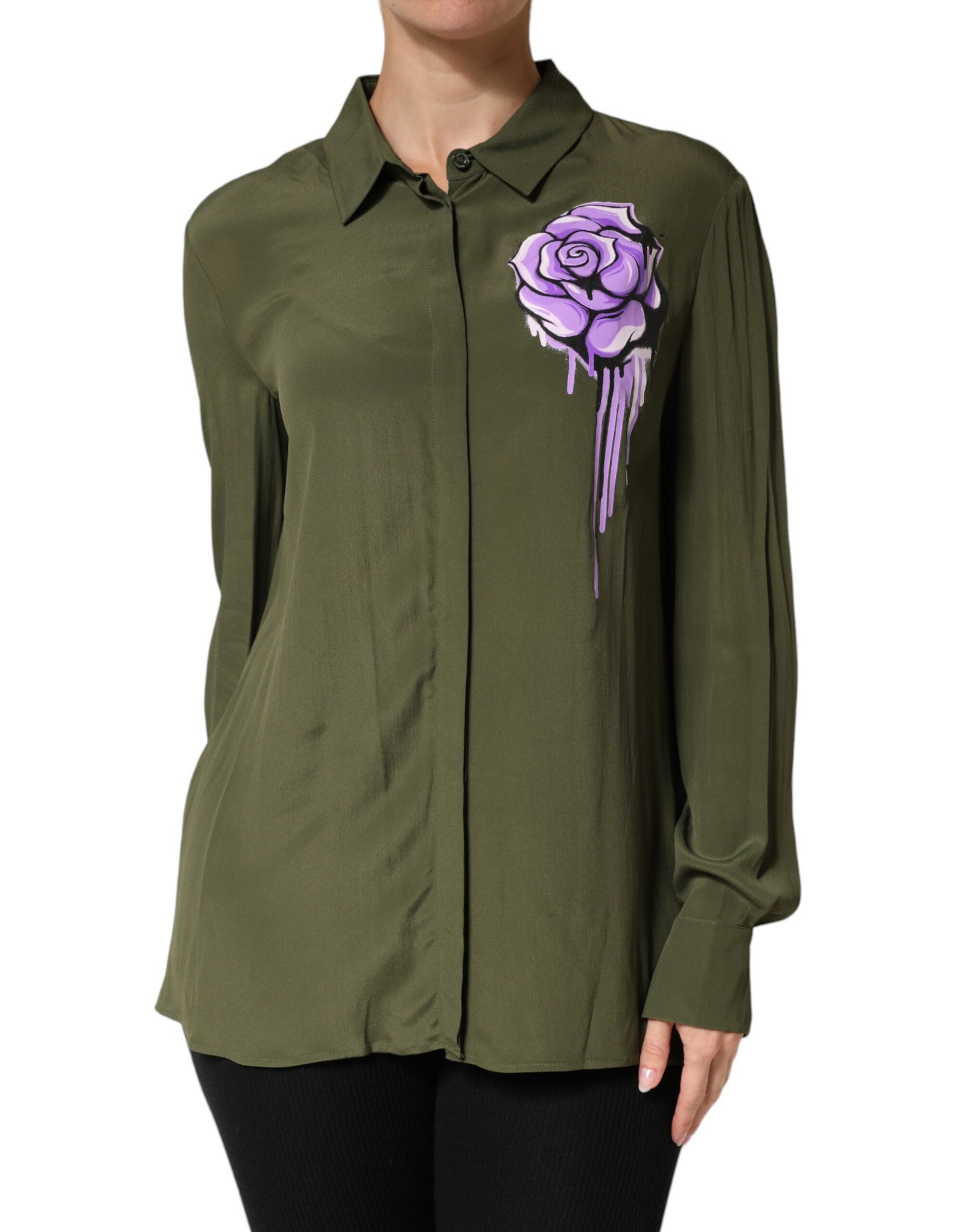 Boutique Moschino Top Vert Acétate Col Chemise Manches Longues Haut Fleuri