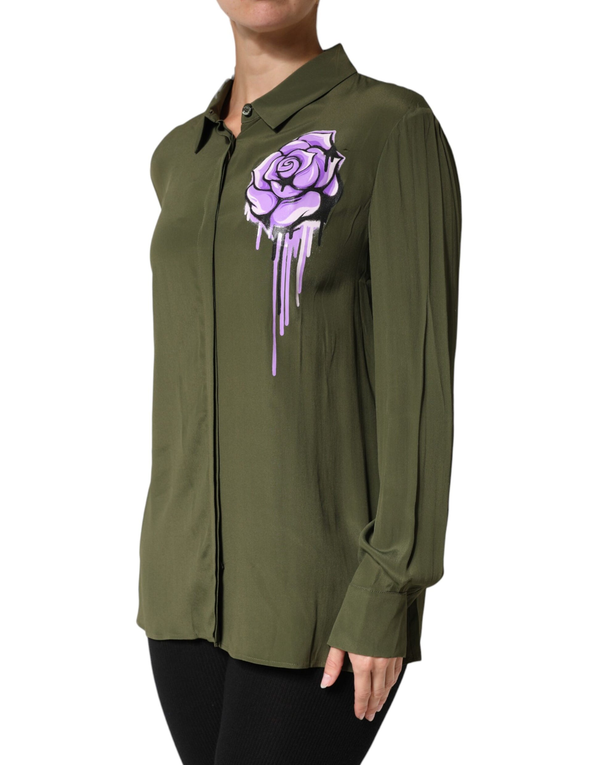 Boutique Moschino Top Vert Acétate Col Chemise Manches Longues Haut Fleuri