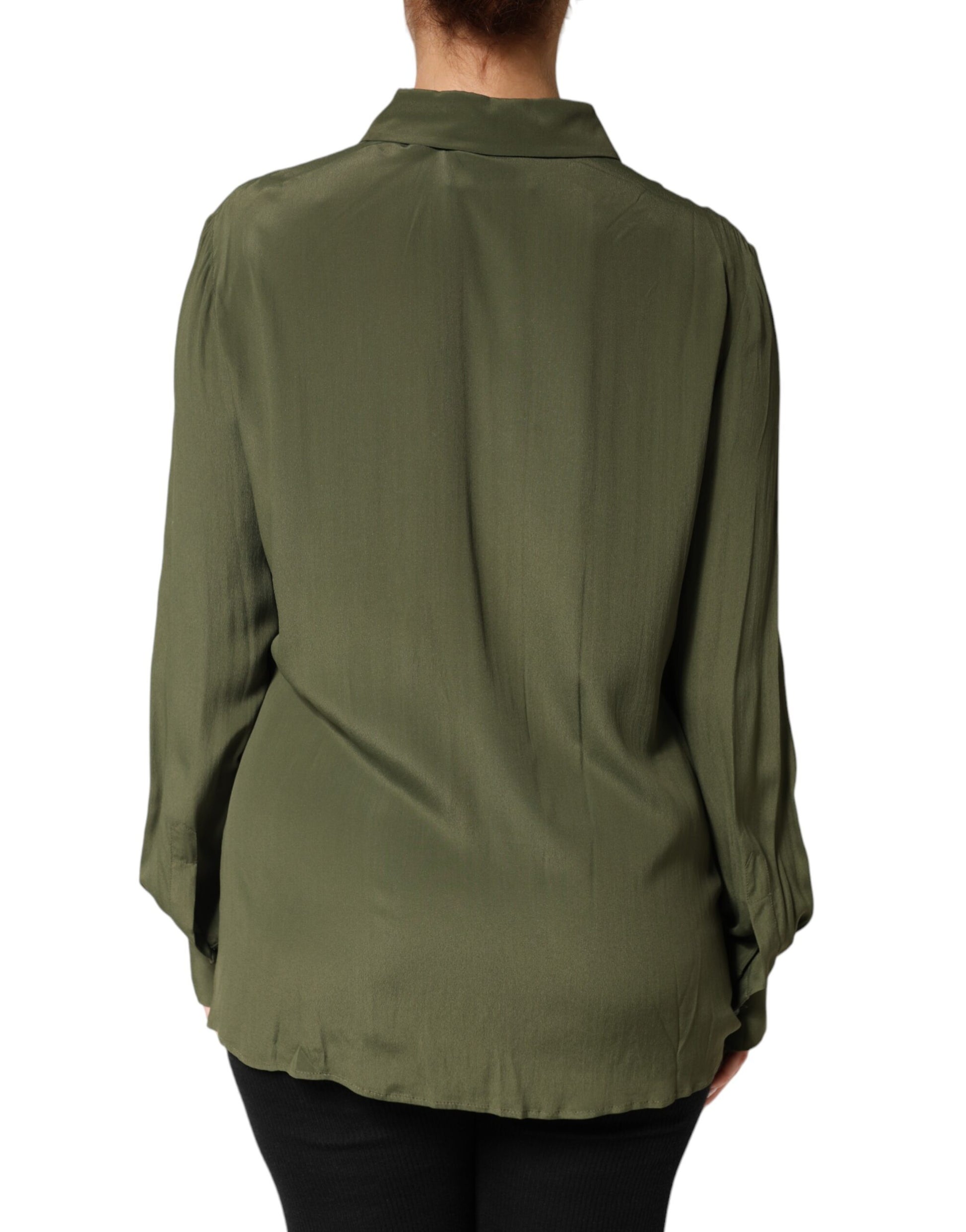 Boutique Moschino Top Vert Acétate Col Chemise Manches Longues Haut Fleuri
