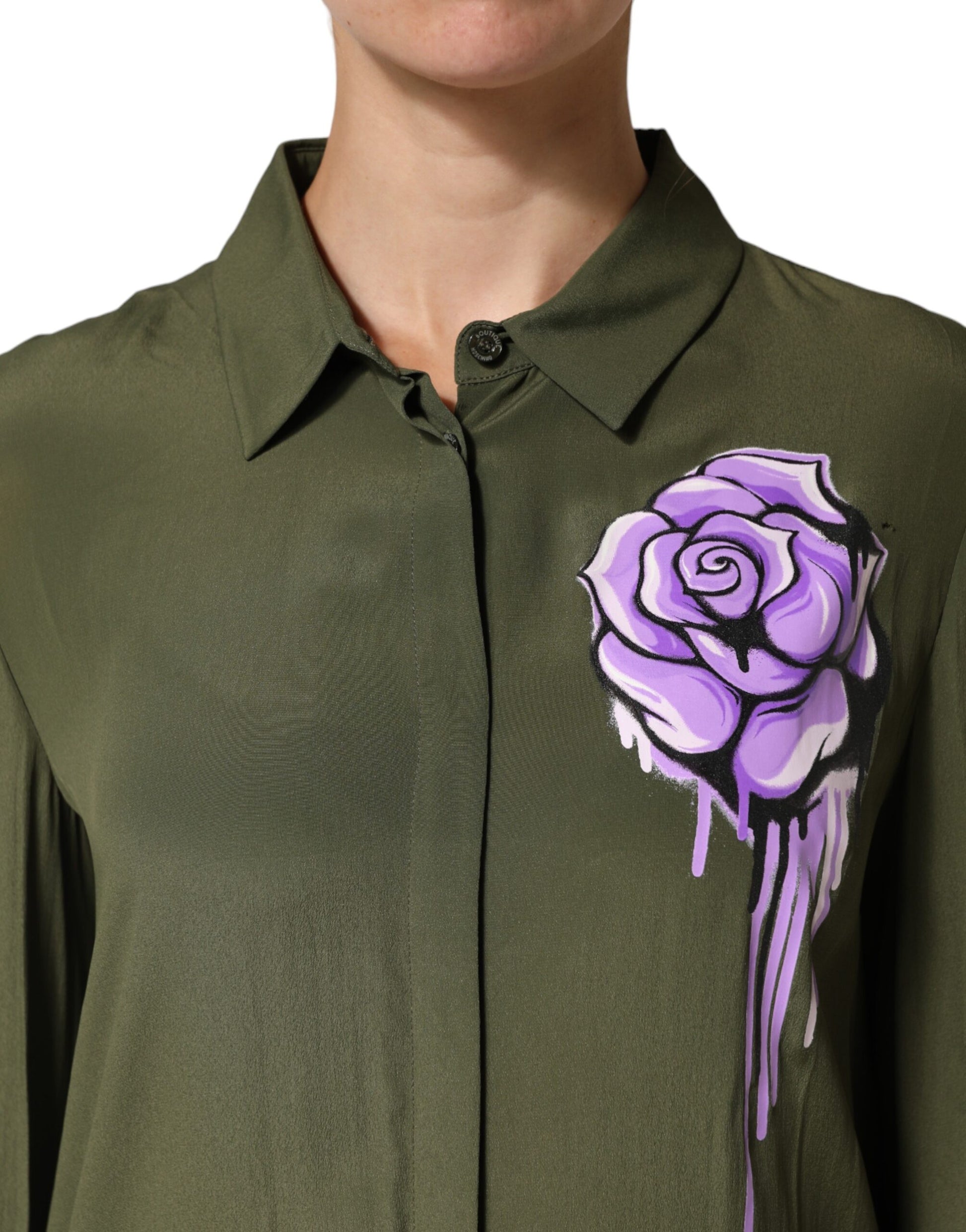 Boutique Moschino Top Vert Acétate Col Chemise Manches Longues Haut Fleuri