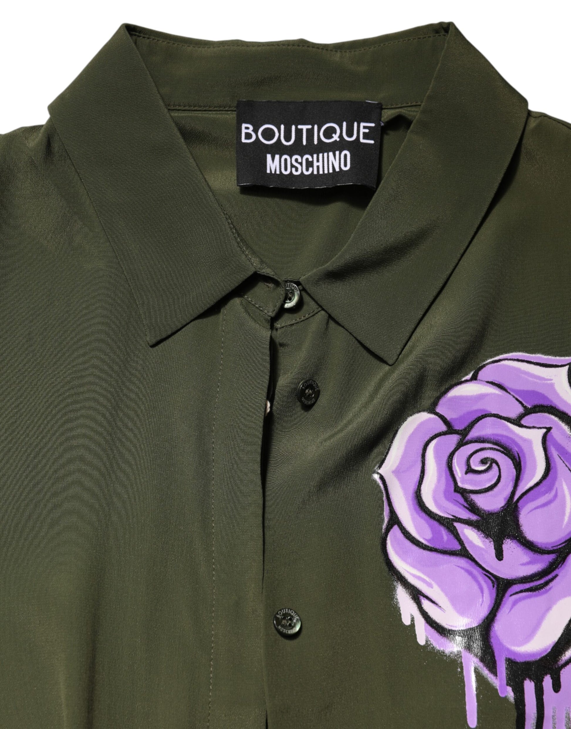 Boutique Moschino Top Vert Acétate Col Chemise Manches Longues Haut Fleuri