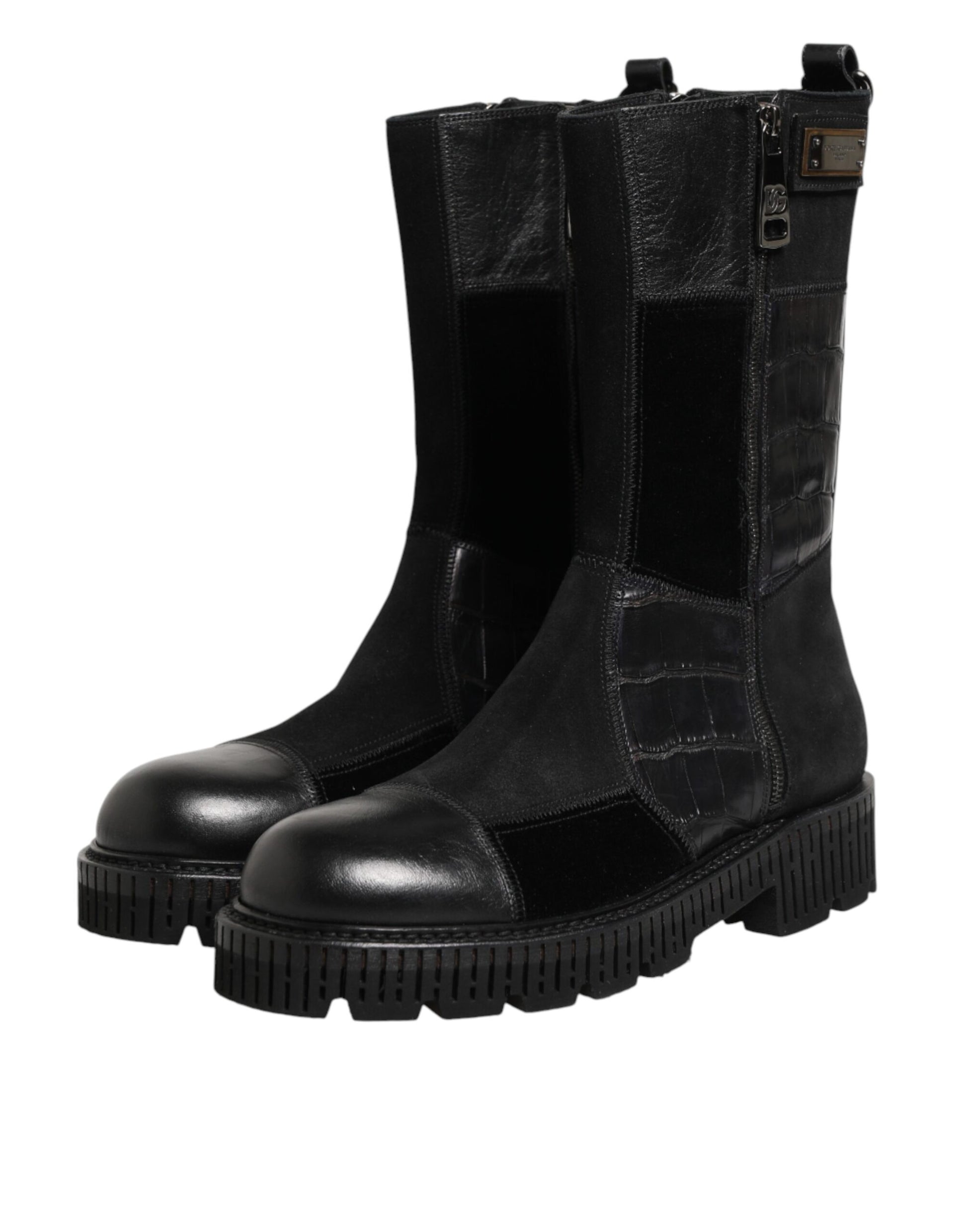 Bottes mi-mollet en cuir noir patchwork Dolce & Gabbana