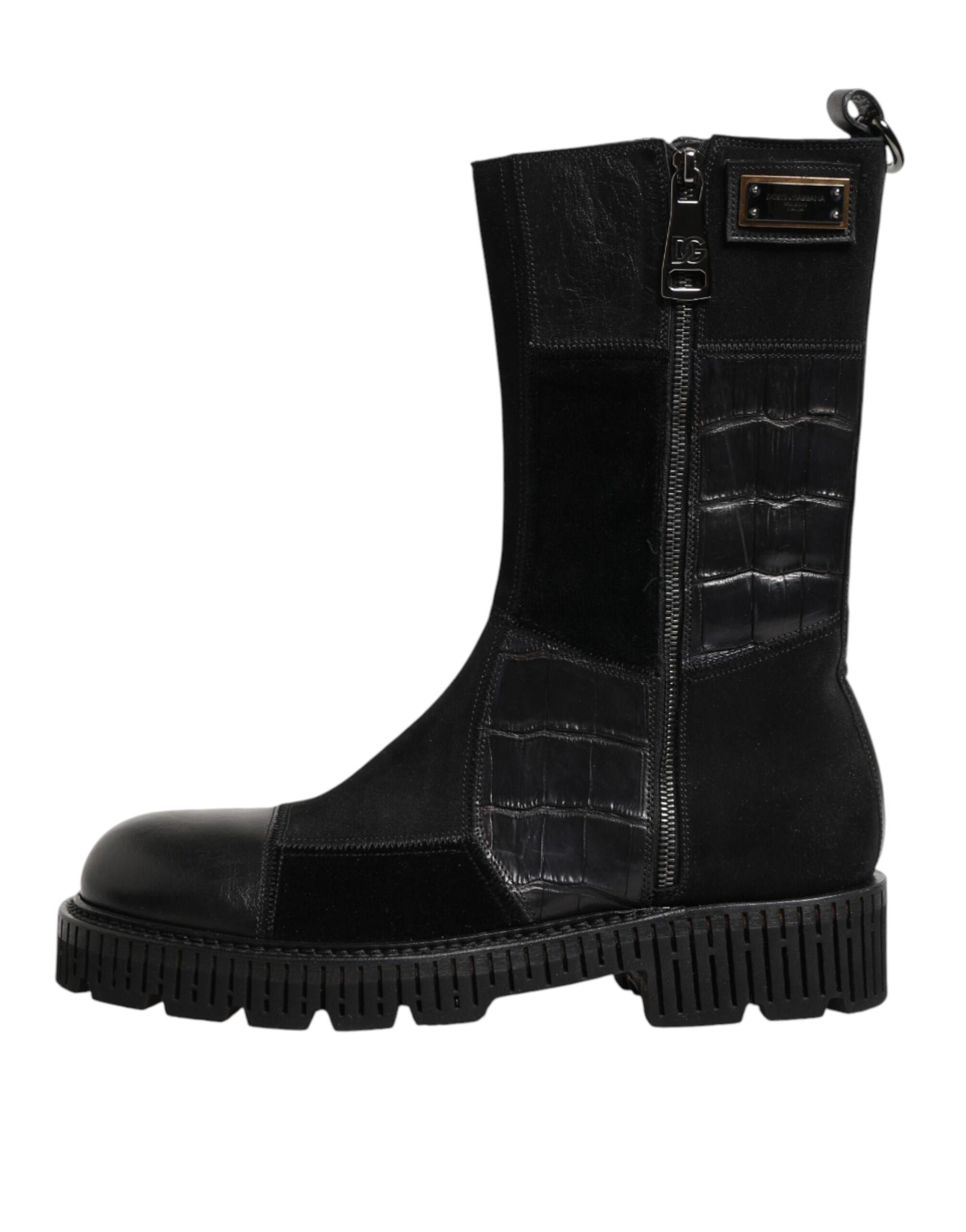 Bottes mi-mollet en cuir noir patchwork Dolce & Gabbana