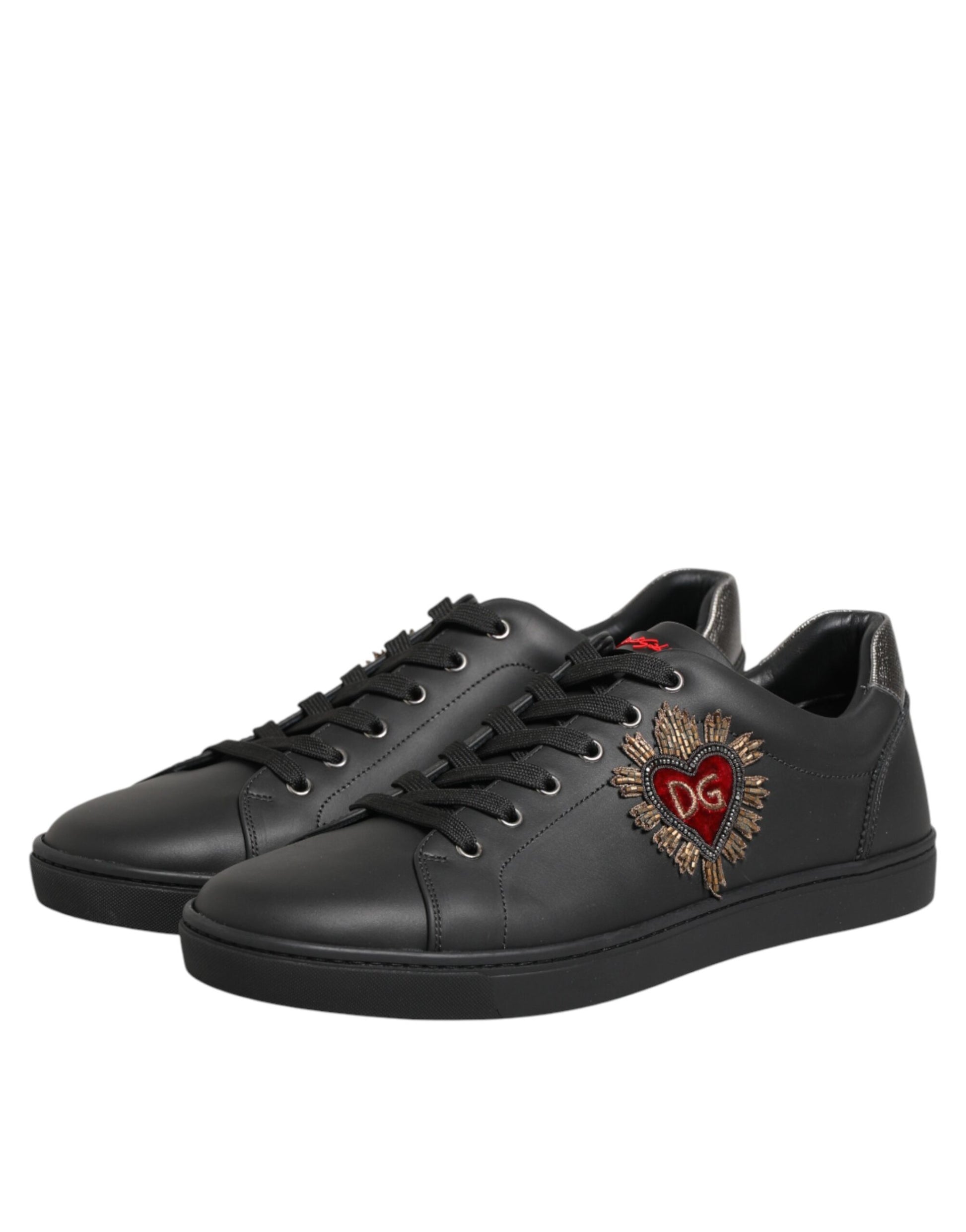 Chaussures baskets montantes en cuir noir ornées de cœur Dolce & Gabbana