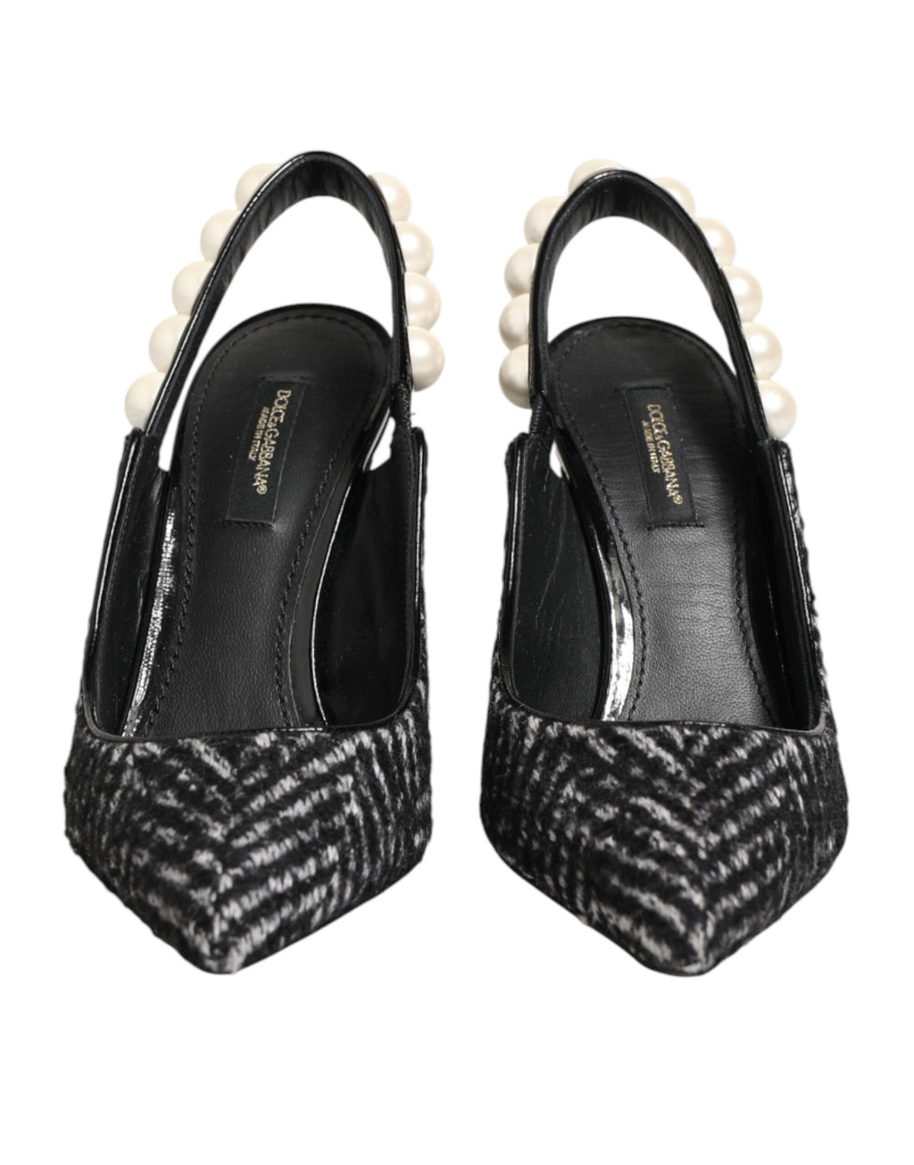 Chaussures à bride arrière Dolce & Gabbana blanches et noires à chevrons et fausses perles