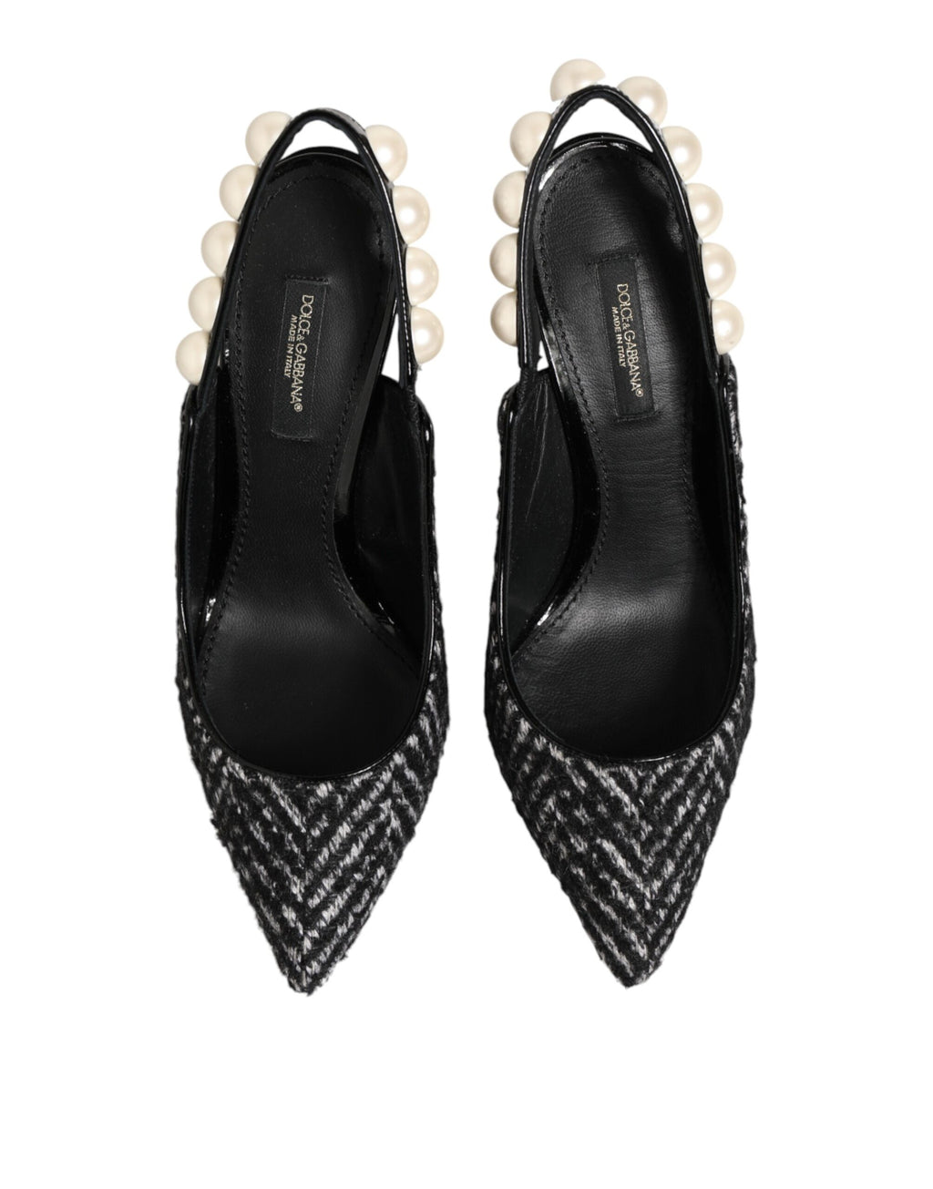 Chaussures à bride arrière Dolce & Gabbana blanches et noires à chevrons et fausses perles