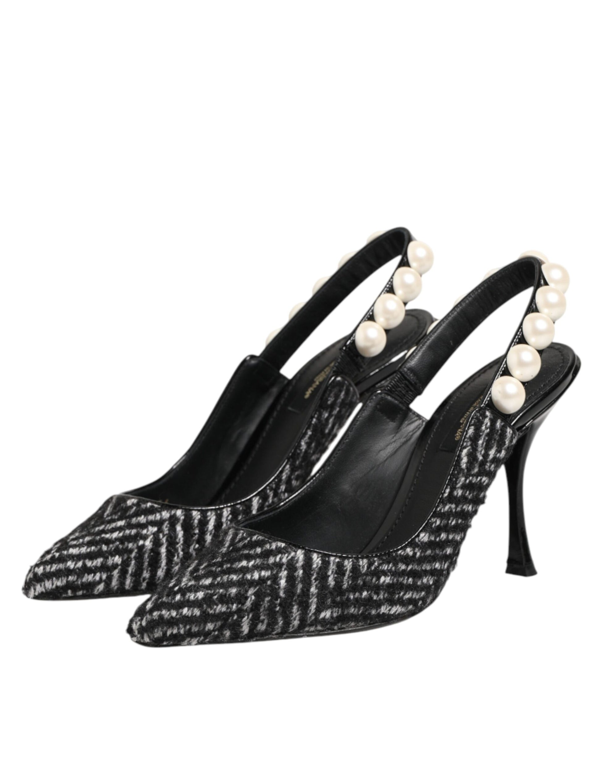 Chaussures à bride arrière Dolce & Gabbana blanches et noires à chevrons et fausses perles