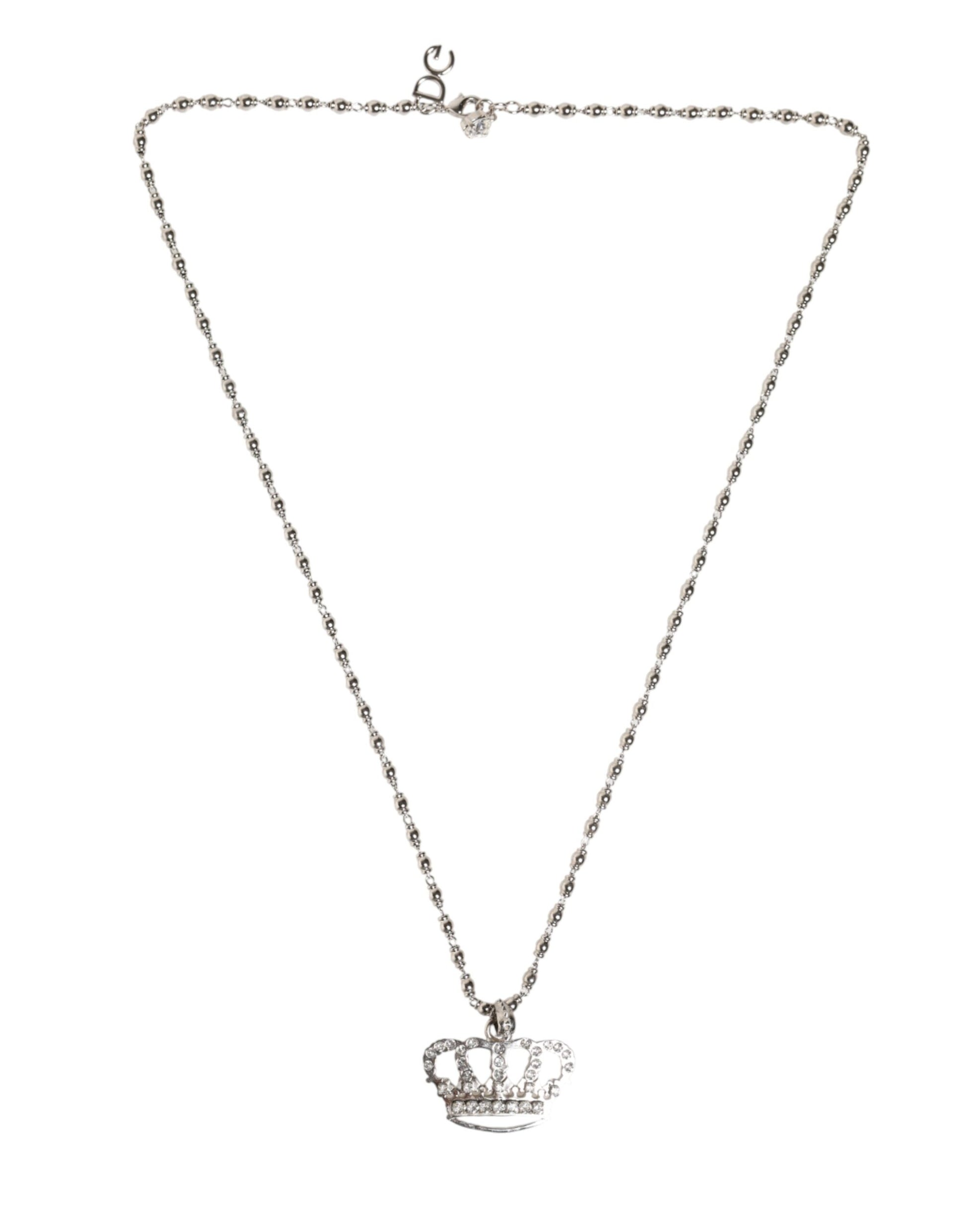 Dolce & Gabbana Silver Tone Brass Chain Crown Crystal Pendant  Necklace