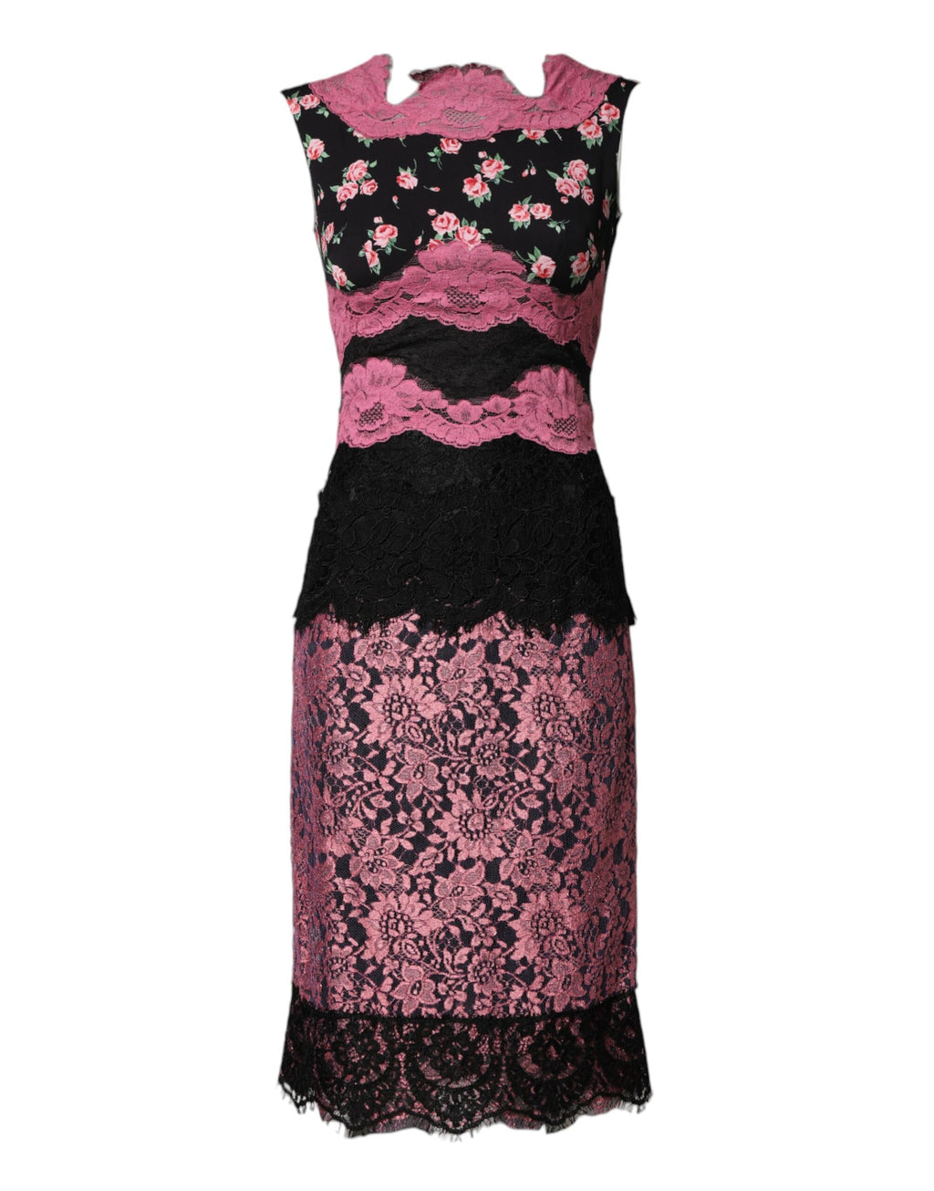 Robe fourreau Dolce & Gabbana en dentelle florale noire et rose et soie