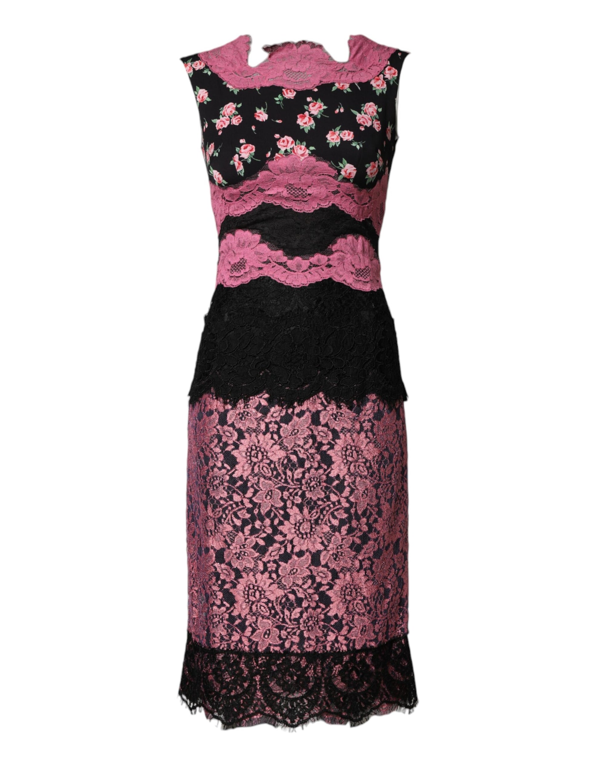 Robe fourreau Dolce & Gabbana en dentelle florale noire et rose et soie
