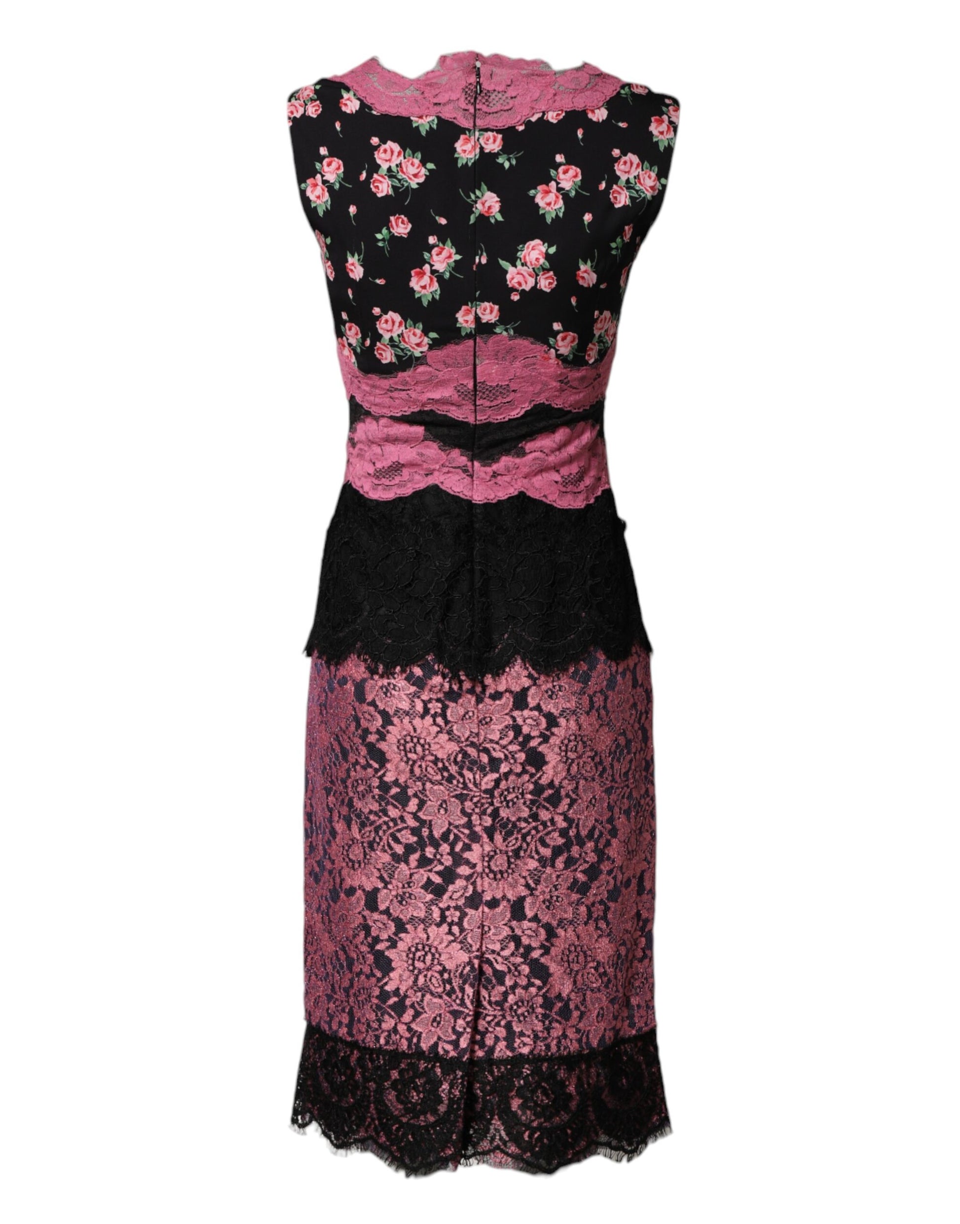 Robe fourreau Dolce & Gabbana en dentelle florale noire et rose et soie