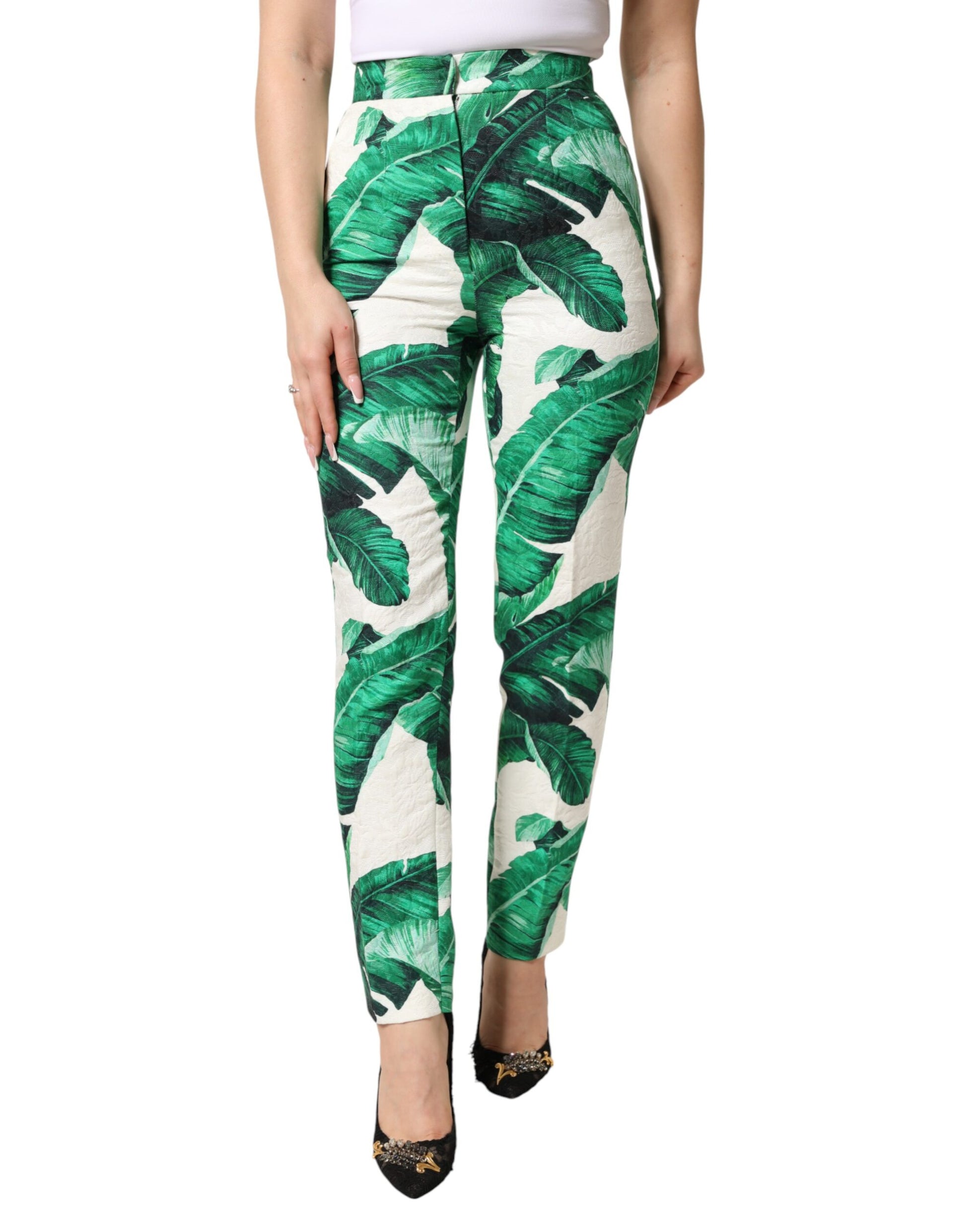 Pantalon taille haute Dolce & Gabbana blanc à imprimé feuilles vertes