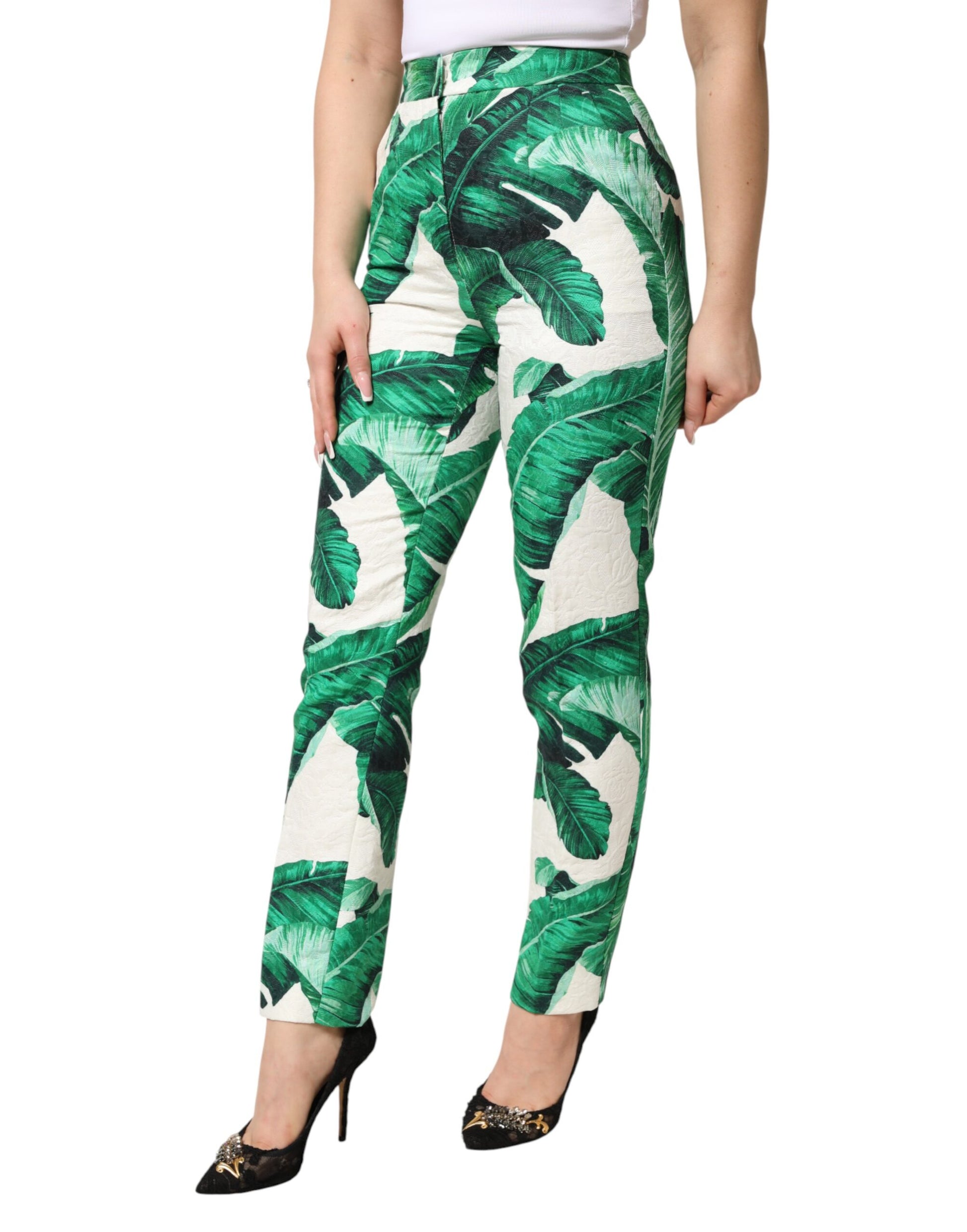 Pantalon taille haute Dolce & Gabbana blanc à imprimé feuilles vertes