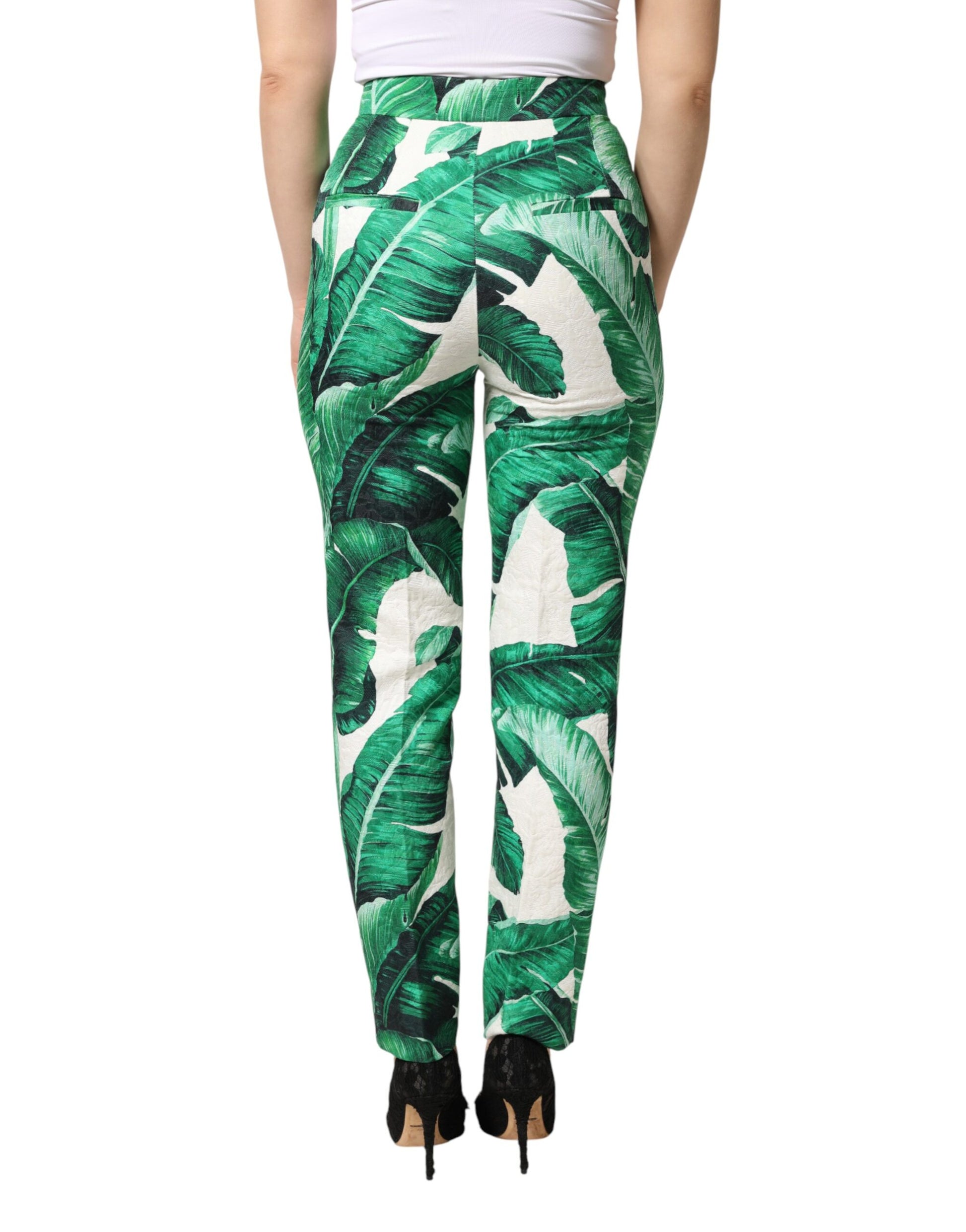 Pantalon taille haute Dolce & Gabbana blanc à imprimé feuilles vertes