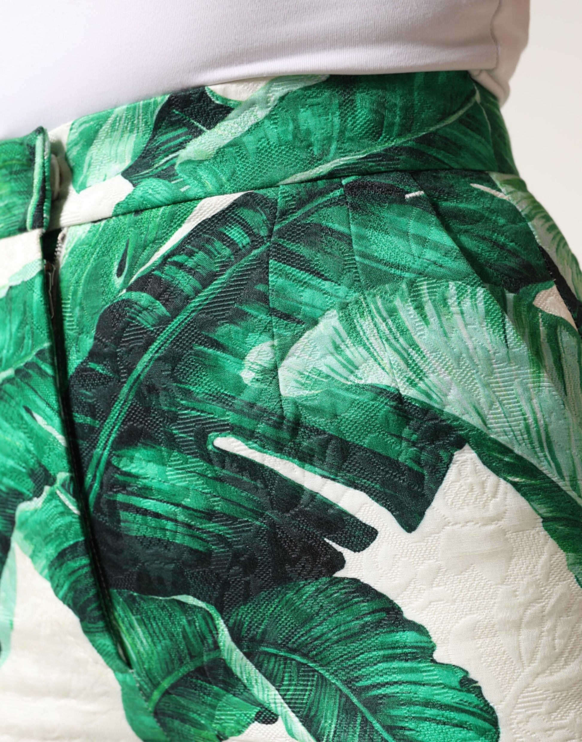 Pantalon taille haute Dolce & Gabbana blanc à imprimé feuilles vertes