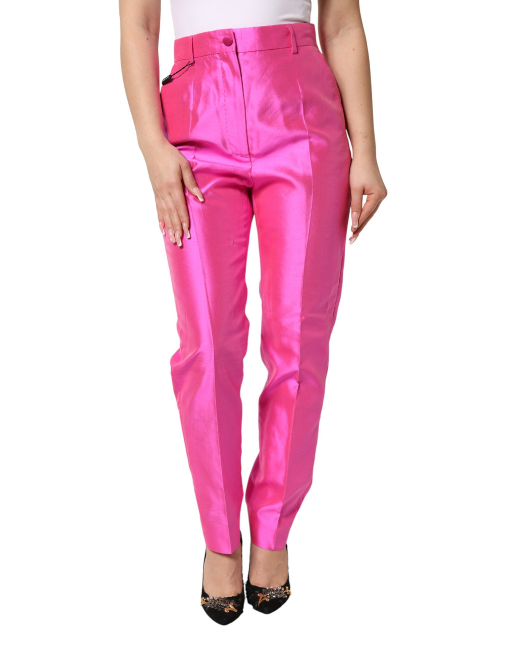 Pantalon taille haute en soie rose Dolce & Gabbana