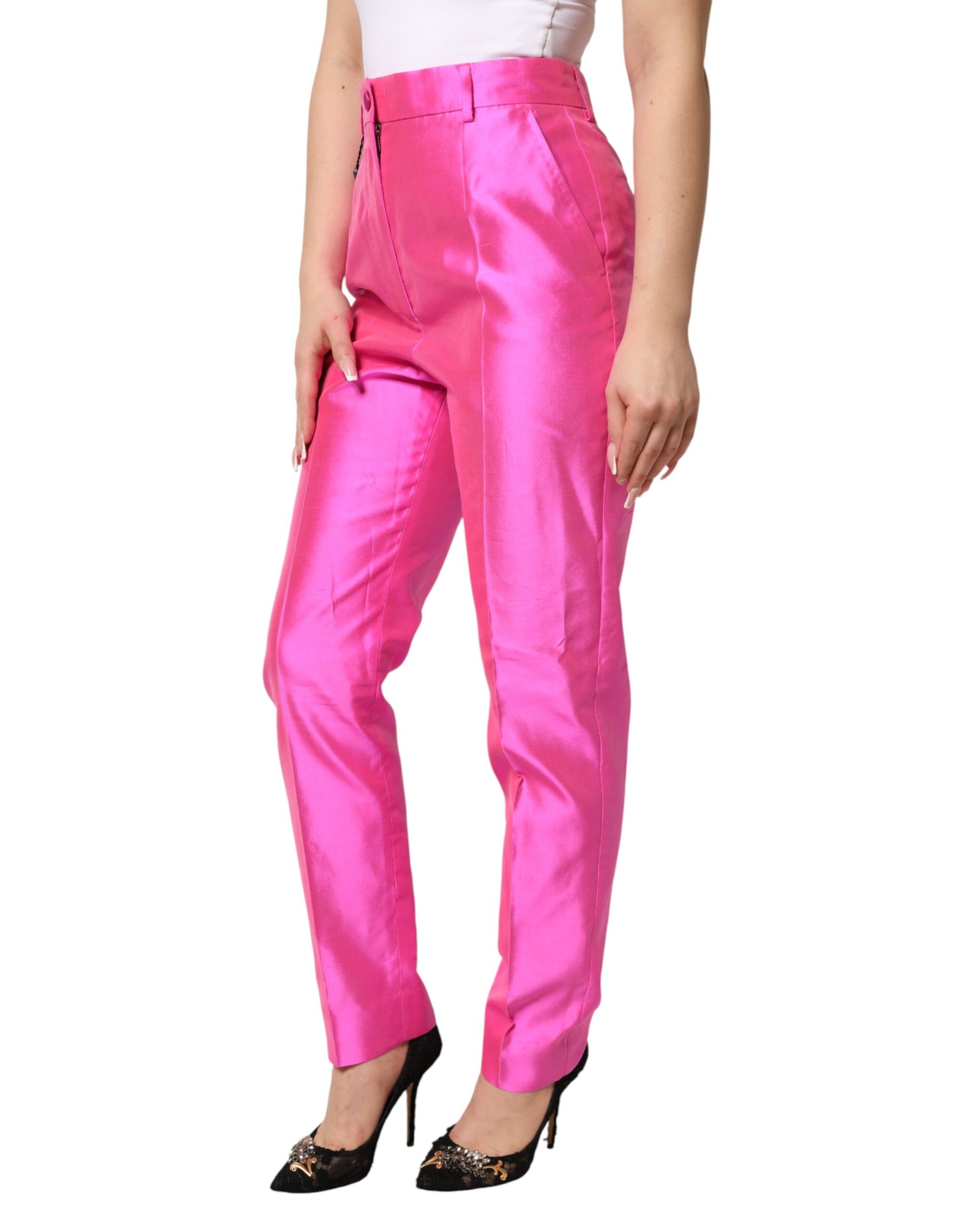 Pantalon taille haute en soie rose Dolce & Gabbana