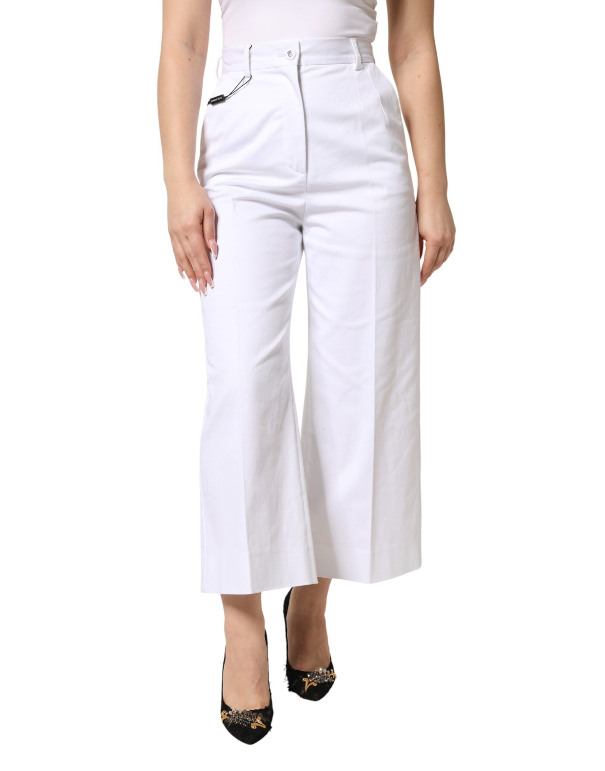 Pantalon large taille haute raccourci en coton blanc Dolce & Gabbana