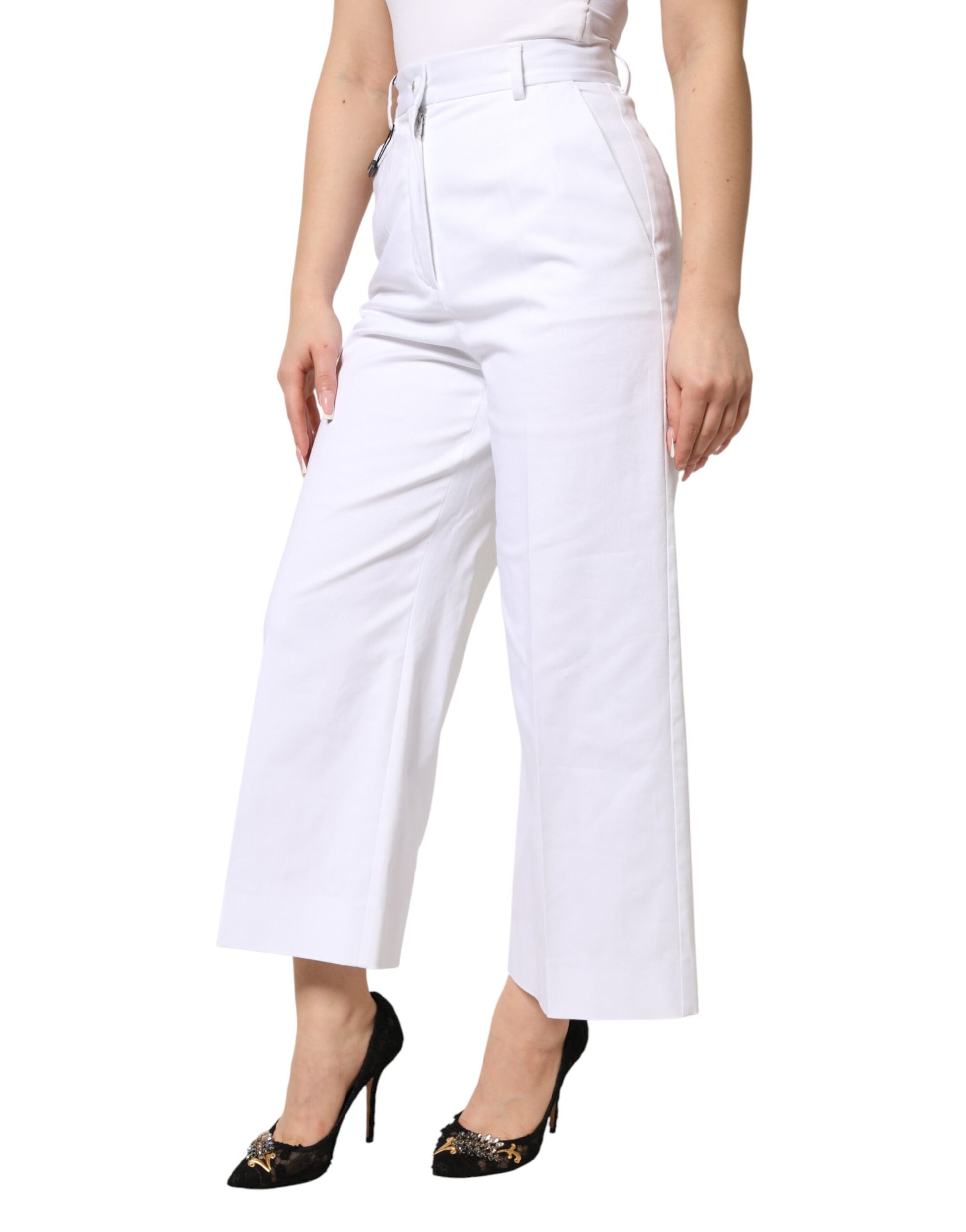 Pantalon large taille haute raccourci en coton blanc Dolce & Gabbana