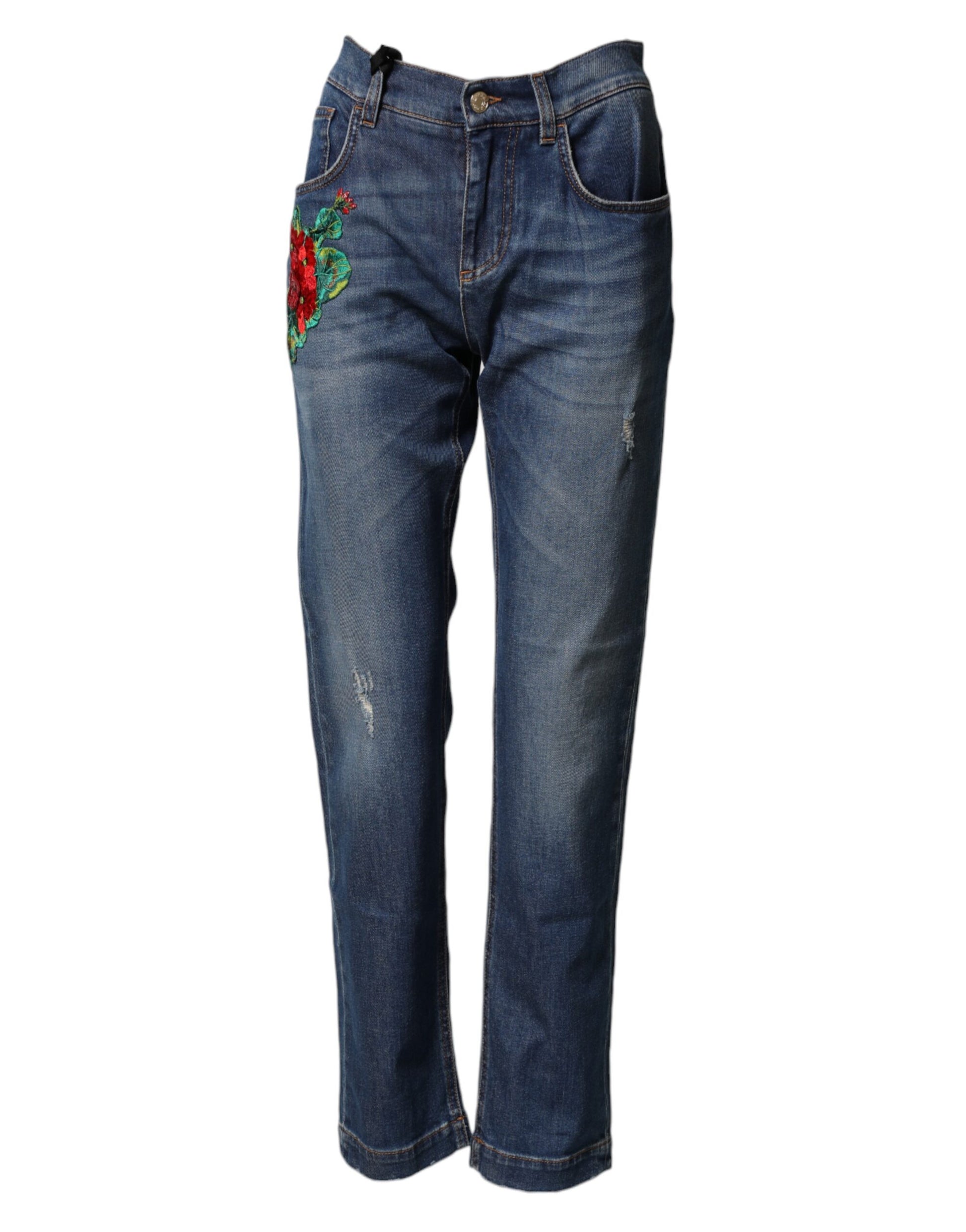 Jean Boyfriend en denim brodé de fleurs bleues Dolce & Gabbana