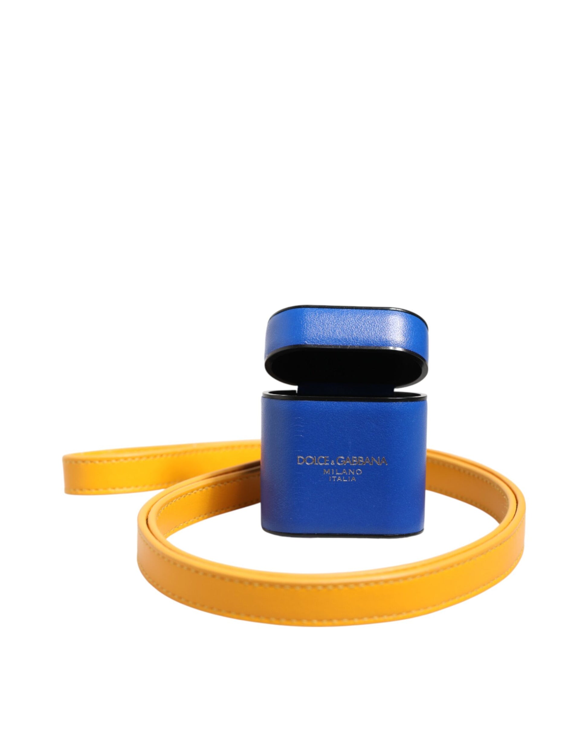 Étui pour Airpods Dolce & Gabbana en cuir de veau bleu et jaune avec logo