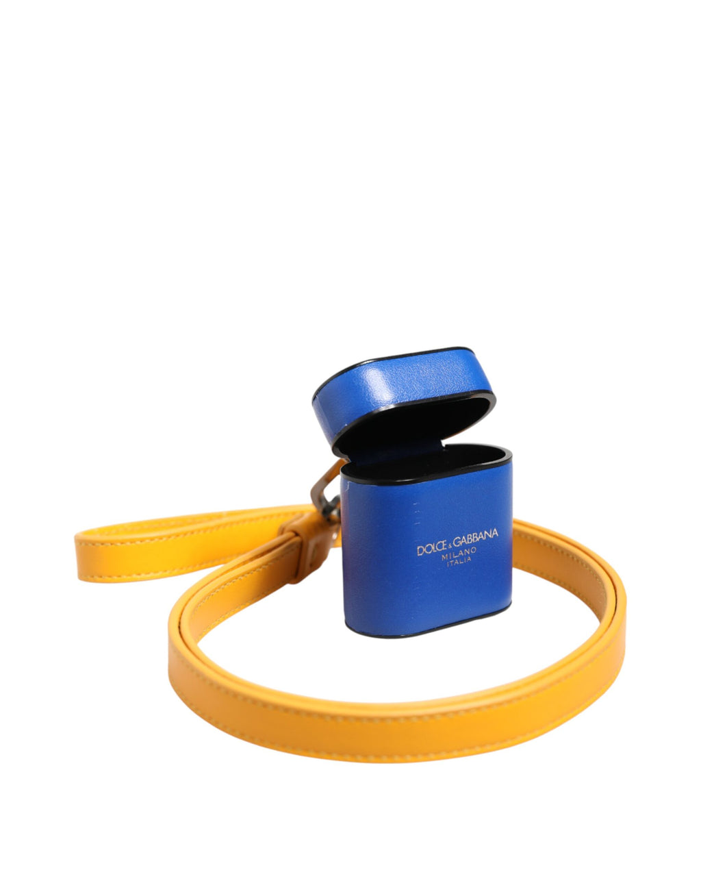 Étui pour Airpods Dolce & Gabbana en cuir de veau bleu et jaune avec logo