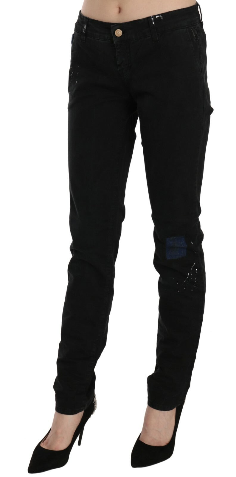 Jean slim noir taille basse à peinture blanche John Galliano