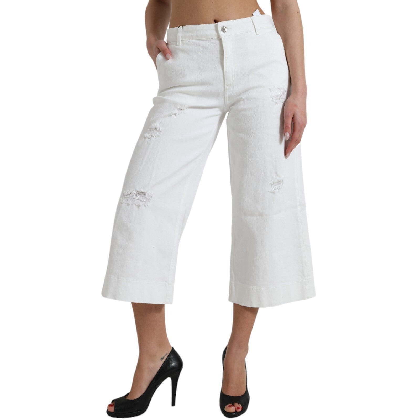 Jean Capri en denim de coton blanc coupe large Dolce & Gabbana