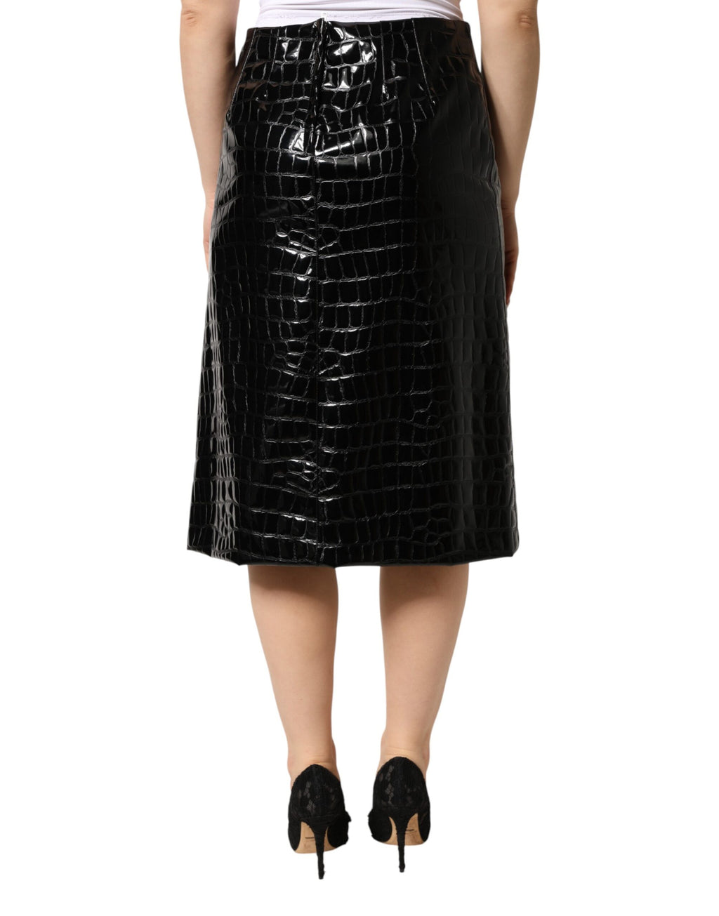 Jupe Midi Taille Moyenne en Similicuir Croco Noir Dolce & Gabbana