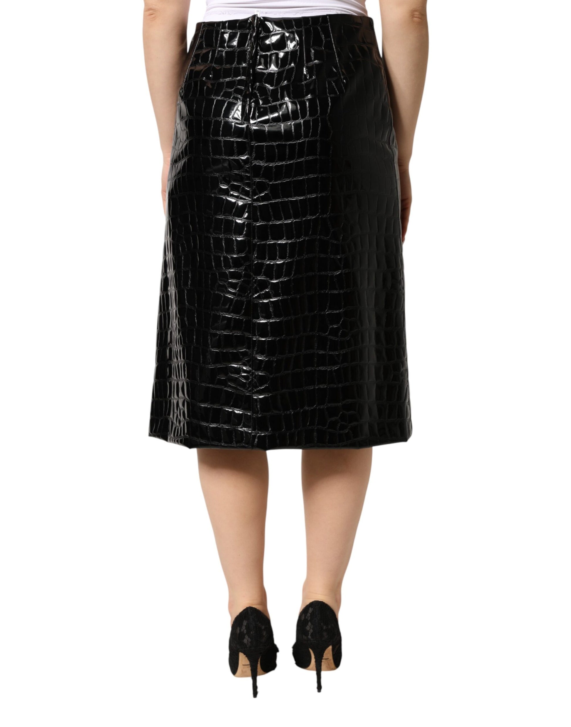 Jupe Midi Taille Moyenne en Similicuir Croco Noir Dolce & Gabbana