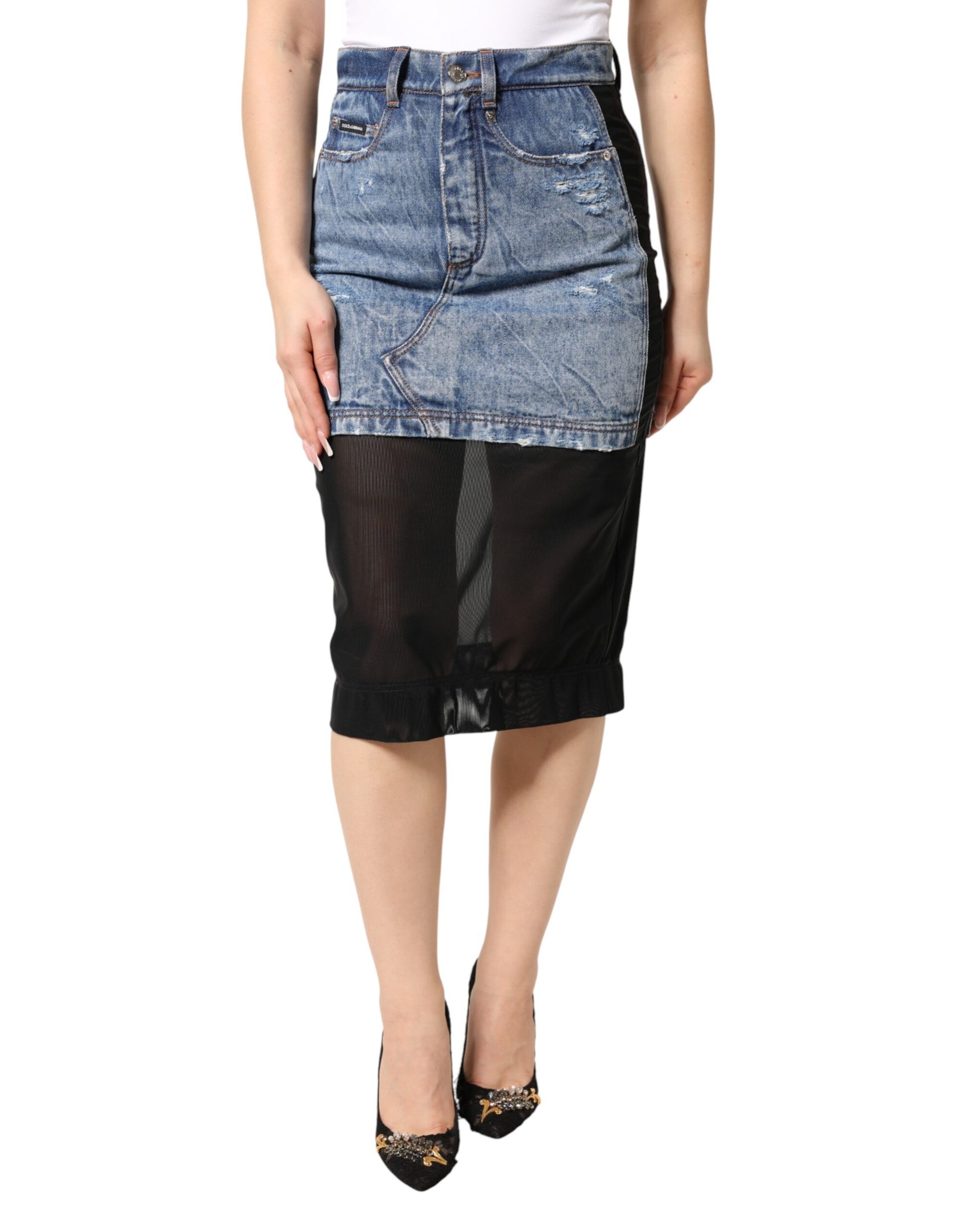 Jupe mi-longue transparente en denim de coton noir et bleu Dolce & Gabbana