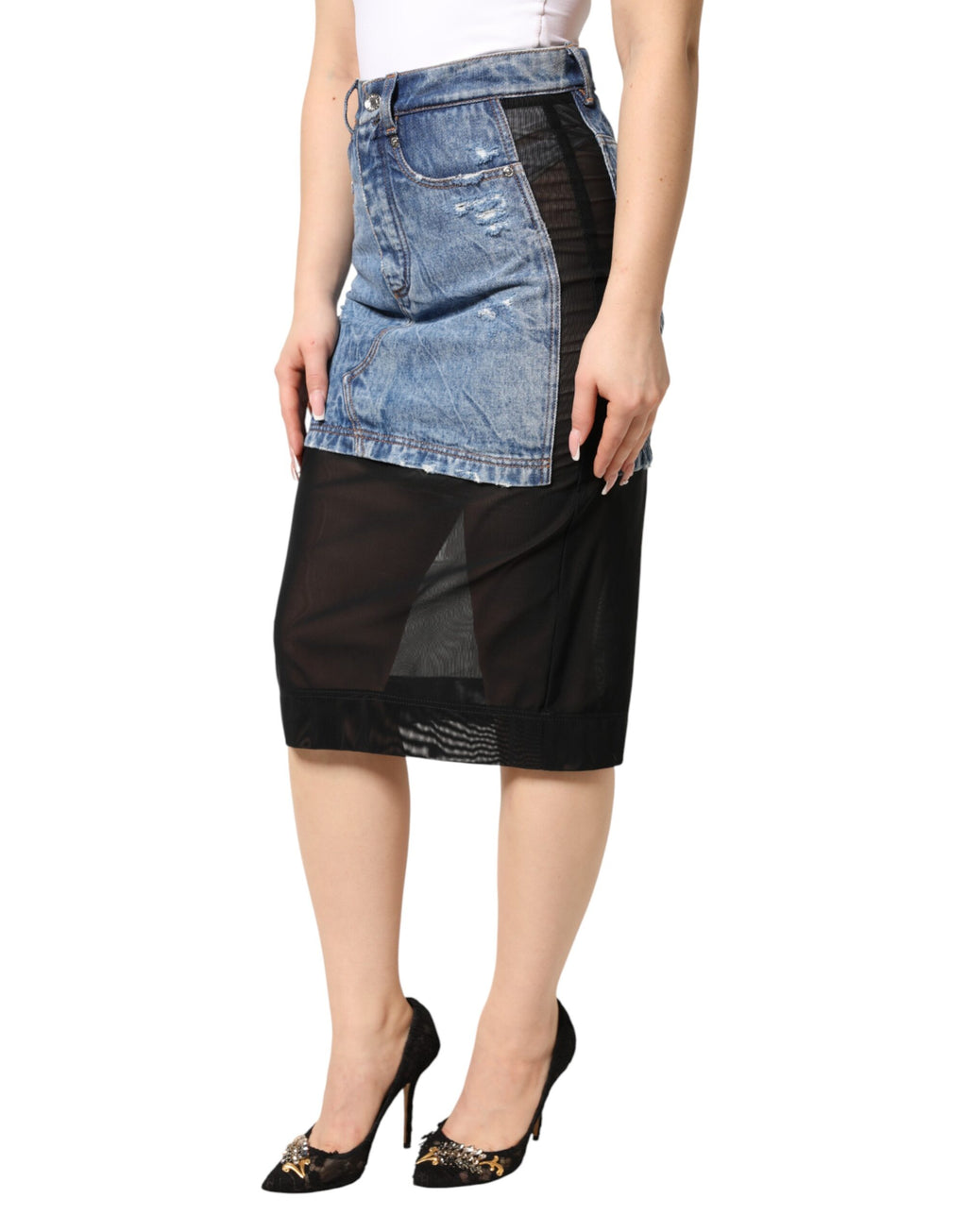 Jupe mi-longue transparente en denim de coton noir et bleu Dolce & Gabbana