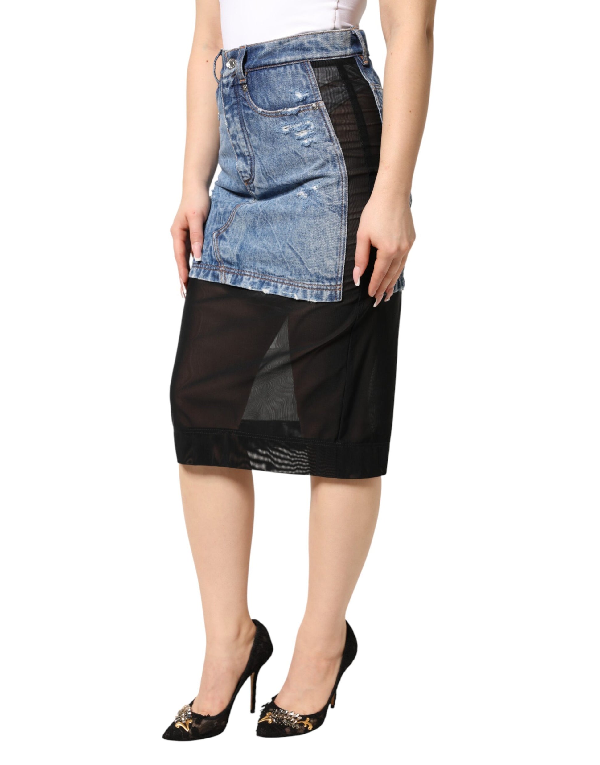 Jupe mi-longue transparente en denim de coton noir et bleu Dolce & Gabbana