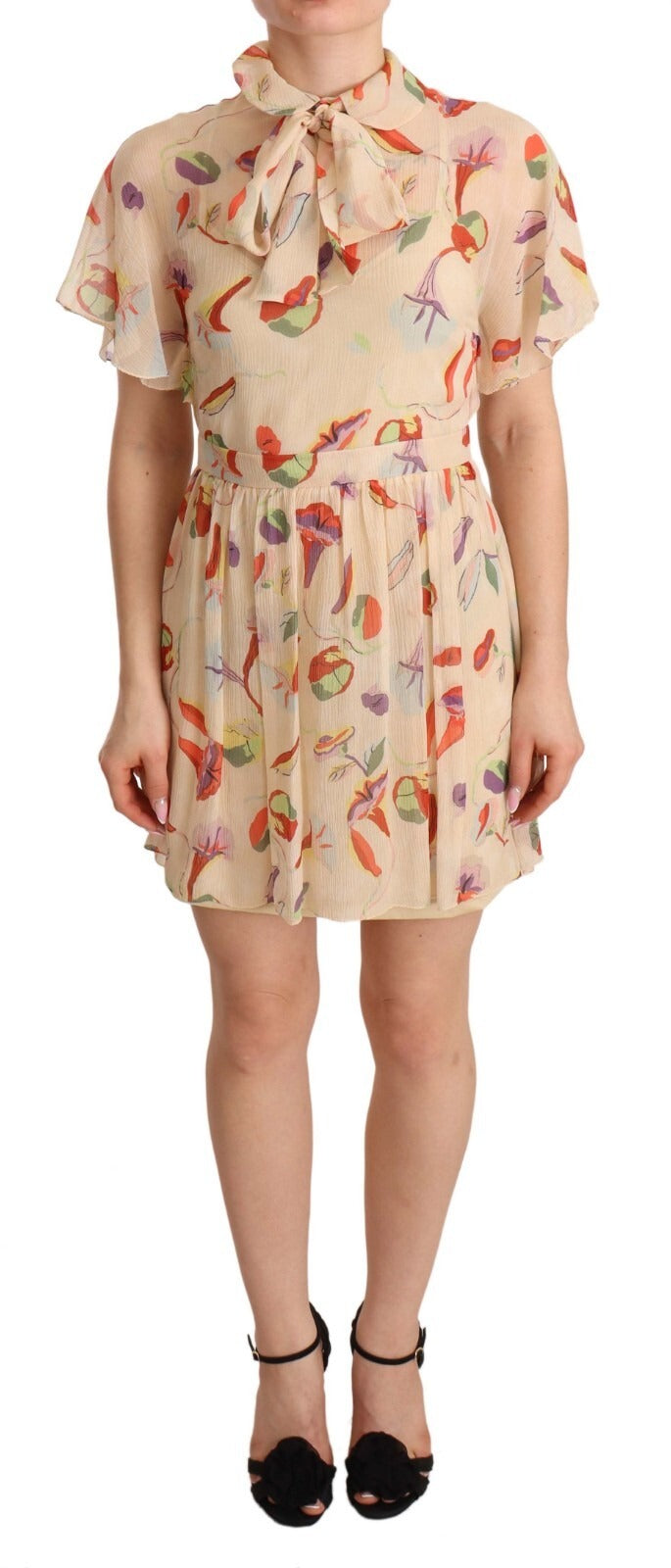 Robe Courte Évasée Beige Col Ascot Manches Courtes Red Valentino