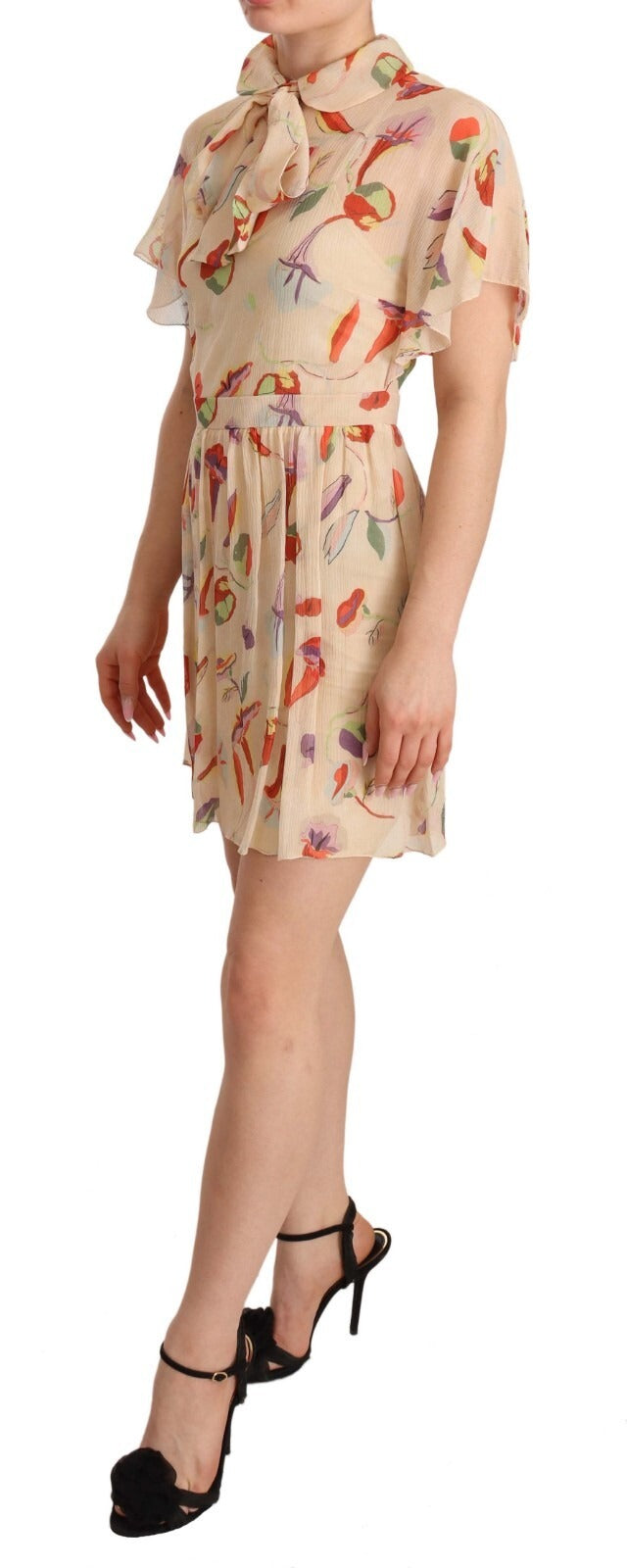 Robe Courte Évasée Beige Col Ascot Manches Courtes Red Valentino