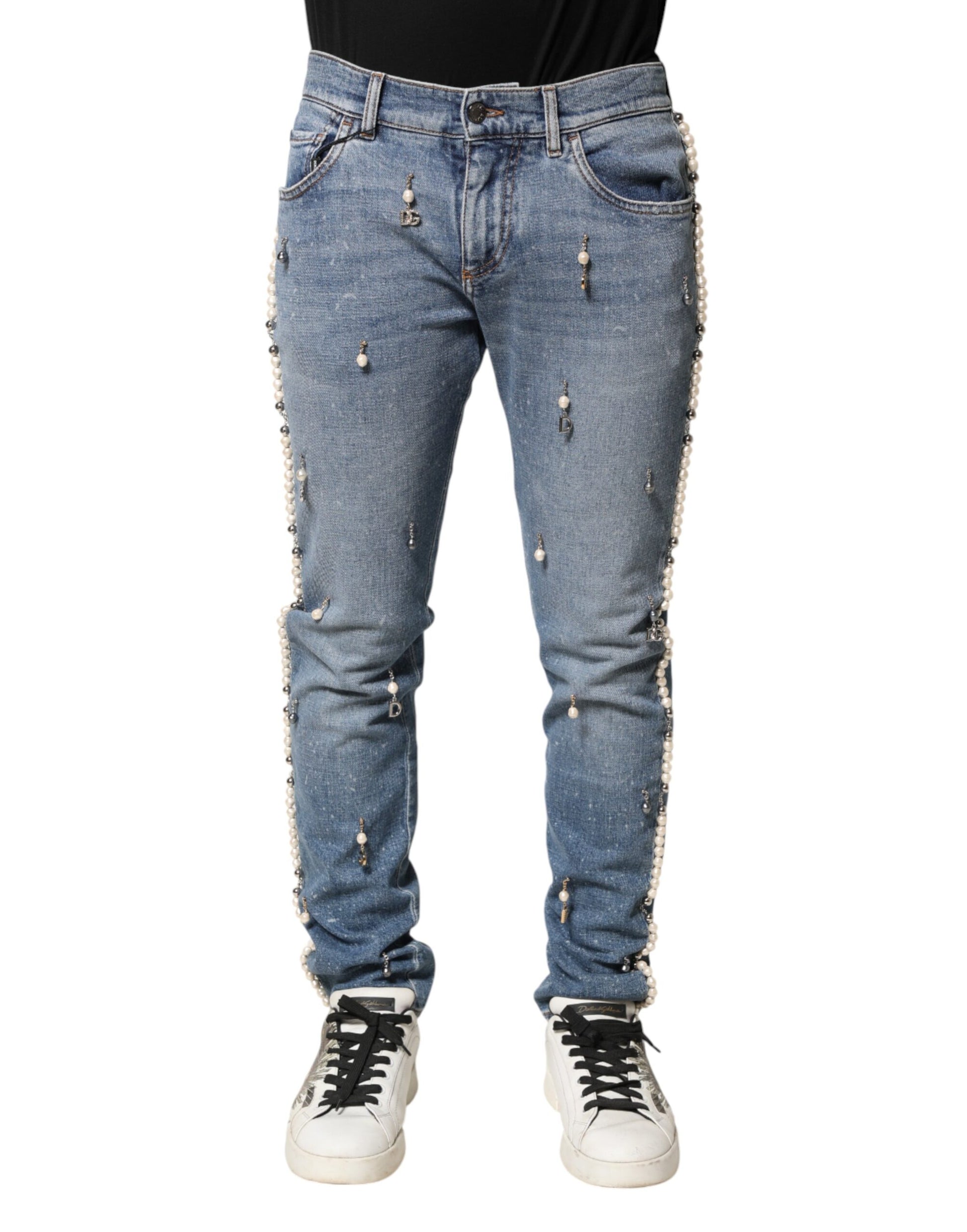 Jean skinny en denim de coton bleu orné Dolce & Gabbana