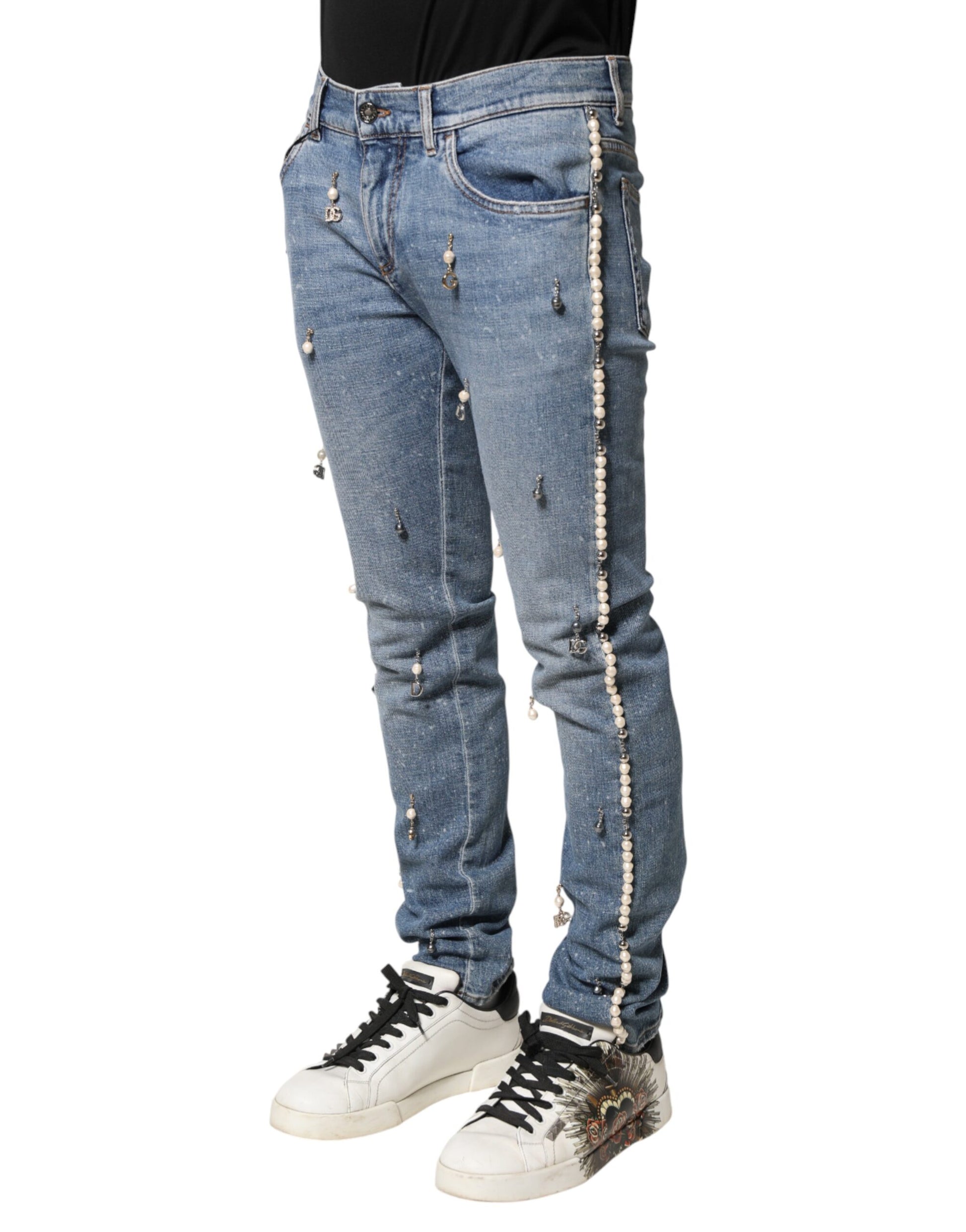 Jean skinny en denim de coton bleu orné Dolce & Gabbana