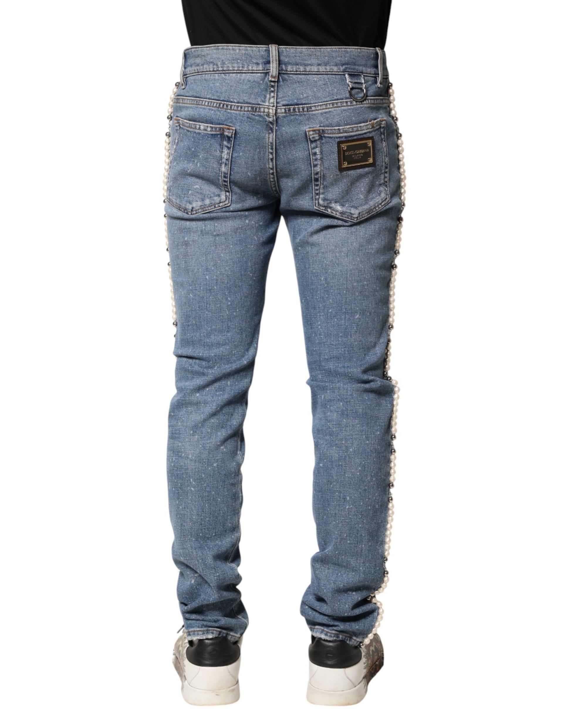 Jean skinny en denim de coton bleu orné Dolce & Gabbana
