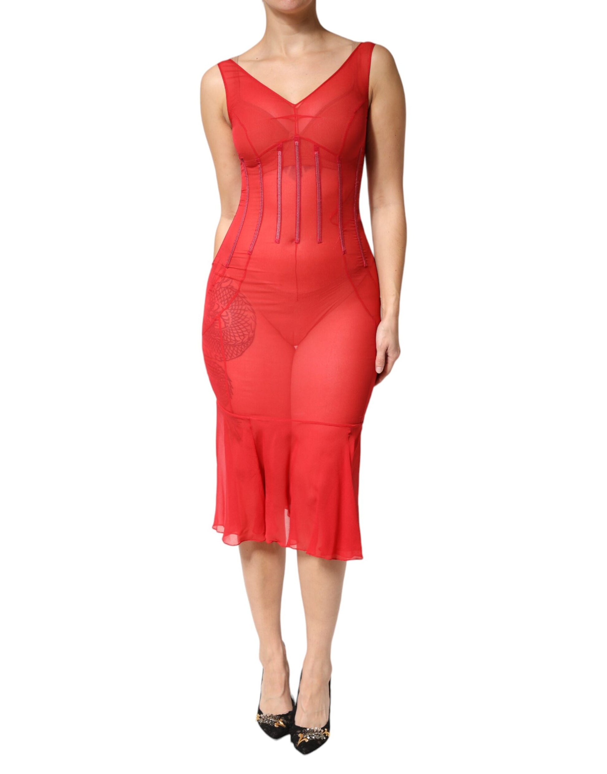 Robe midi fourreau sans manches en soie rouge à col en V Dolce & Gabbana