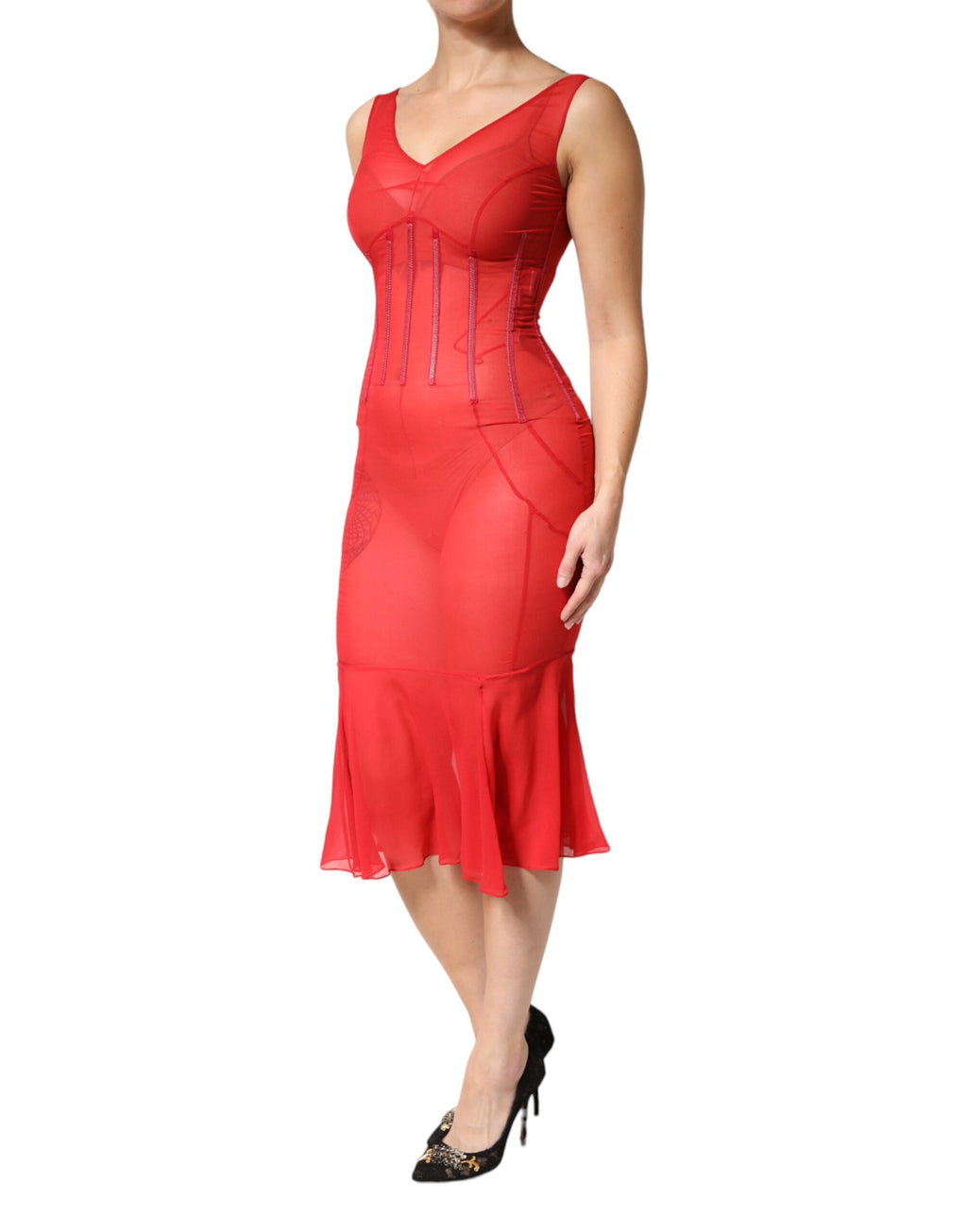 Robe midi fourreau sans manches en soie rouge à col en V Dolce & Gabbana