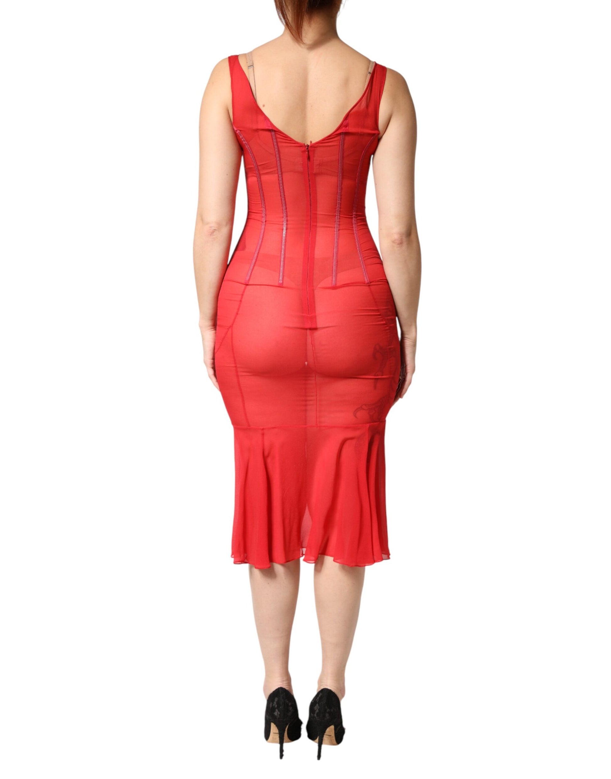 Robe midi fourreau sans manches en soie rouge à col en V Dolce & Gabbana