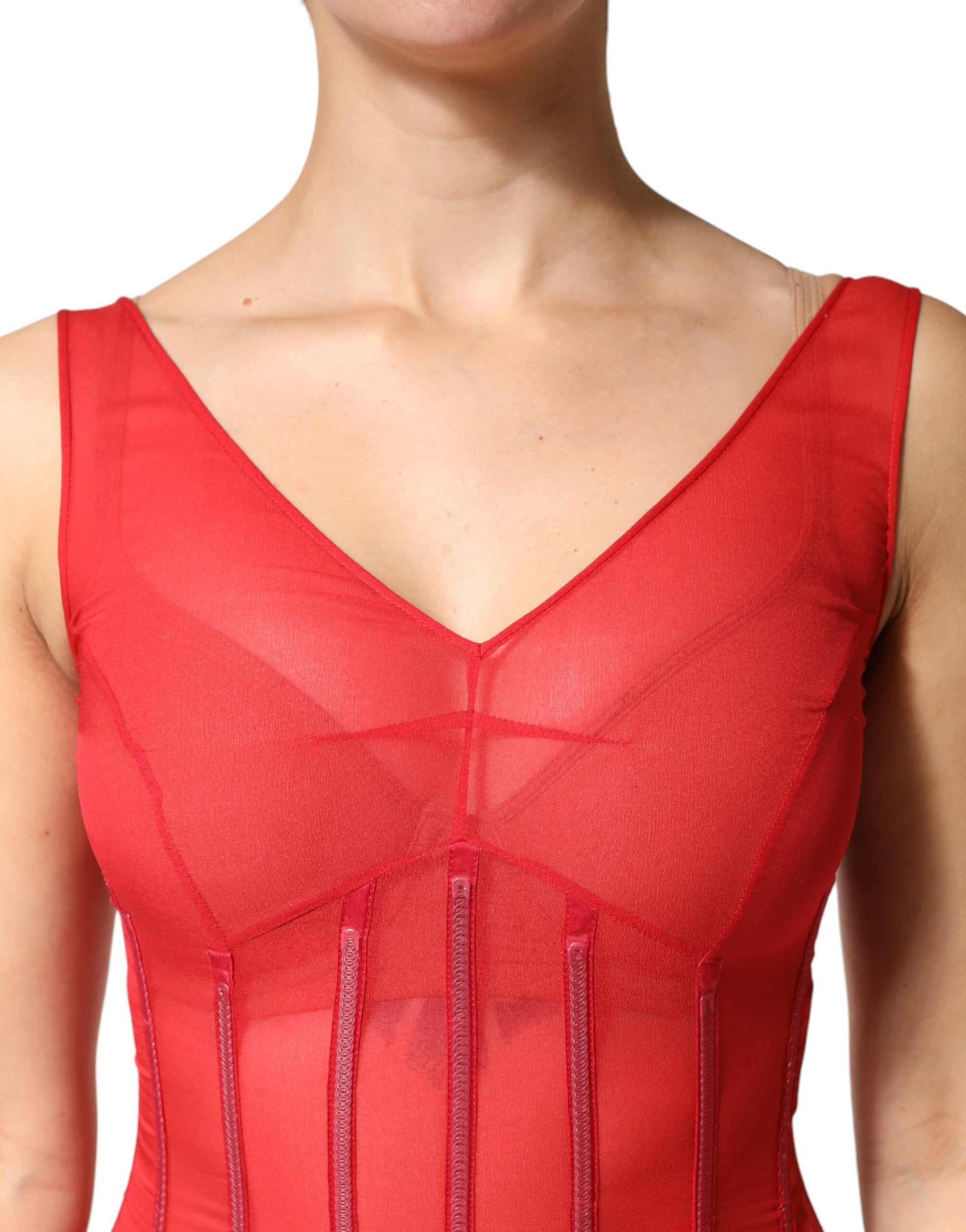 Robe midi fourreau sans manches en soie rouge à col en V Dolce & Gabbana