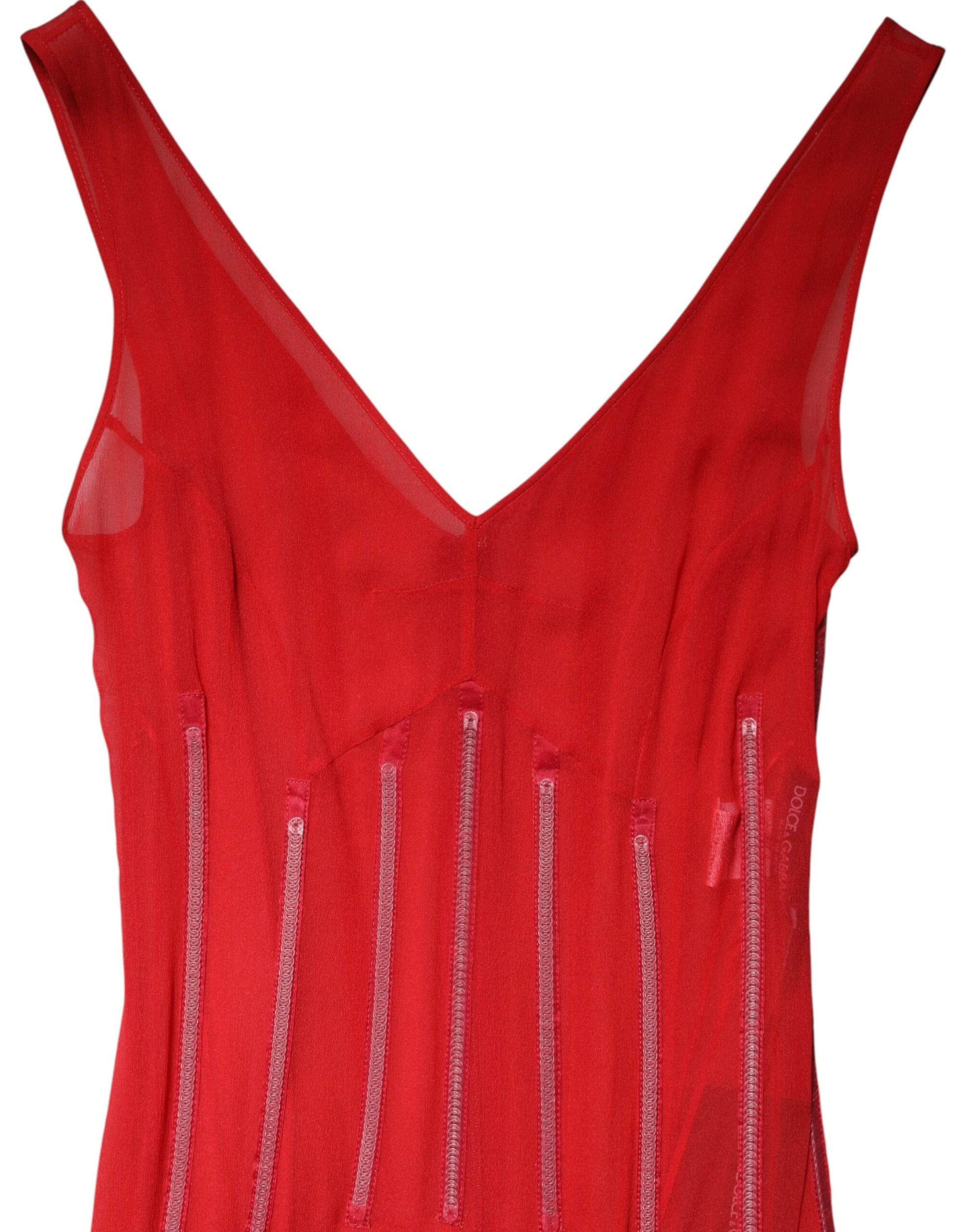 Robe midi fourreau sans manches en soie rouge à col en V Dolce & Gabbana